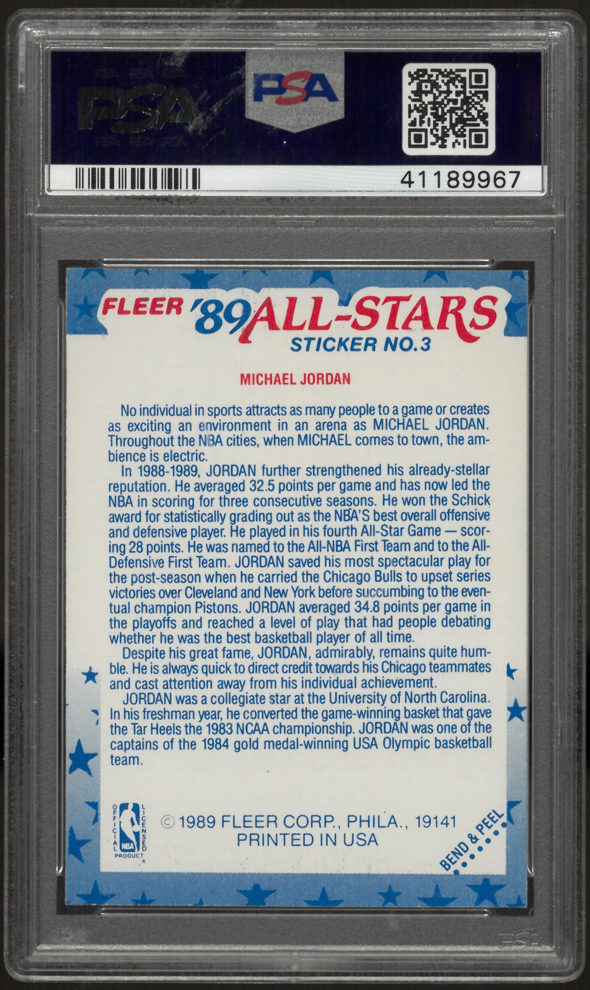 1989 Fleer Sticker Basketball Michael Jordan #3 PSA 8 '89 All-Stars