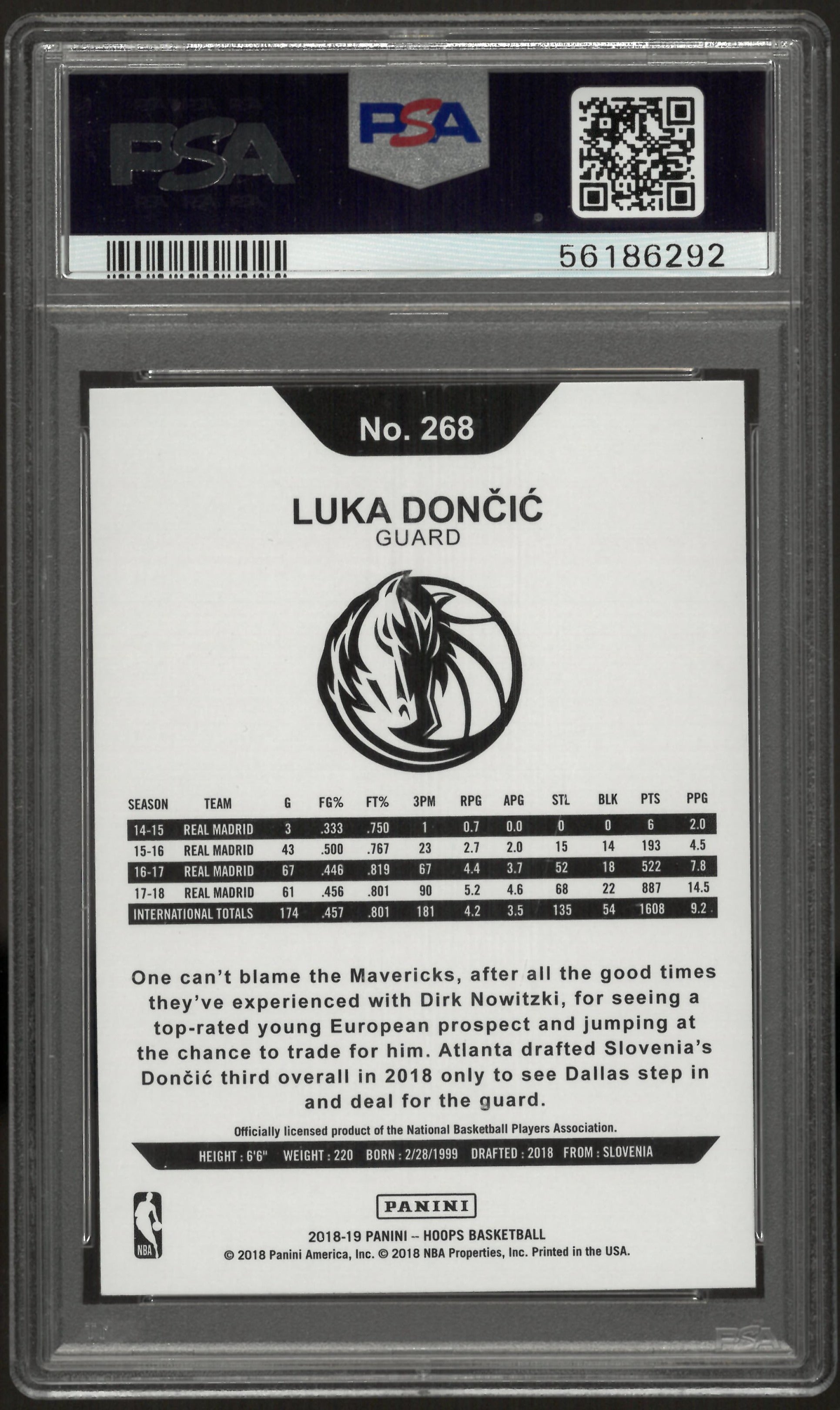 2018 Panini Hoops Basketball Luka Doncic RC Rookie #268 PSA 10