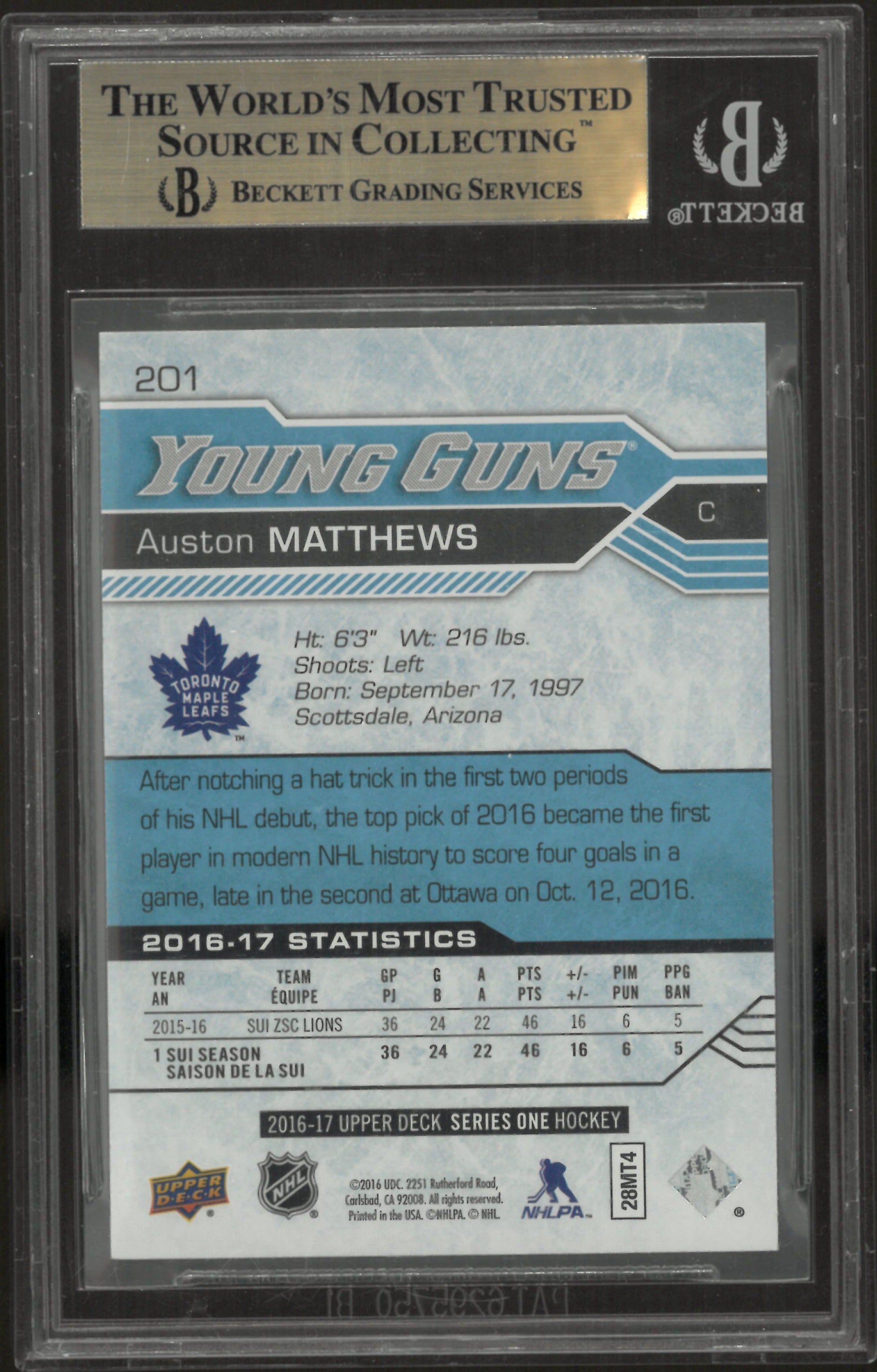 2016-17 Upper Deck Series One Auston Matthews Young Guns RC Rookie BGS 9.5 #201