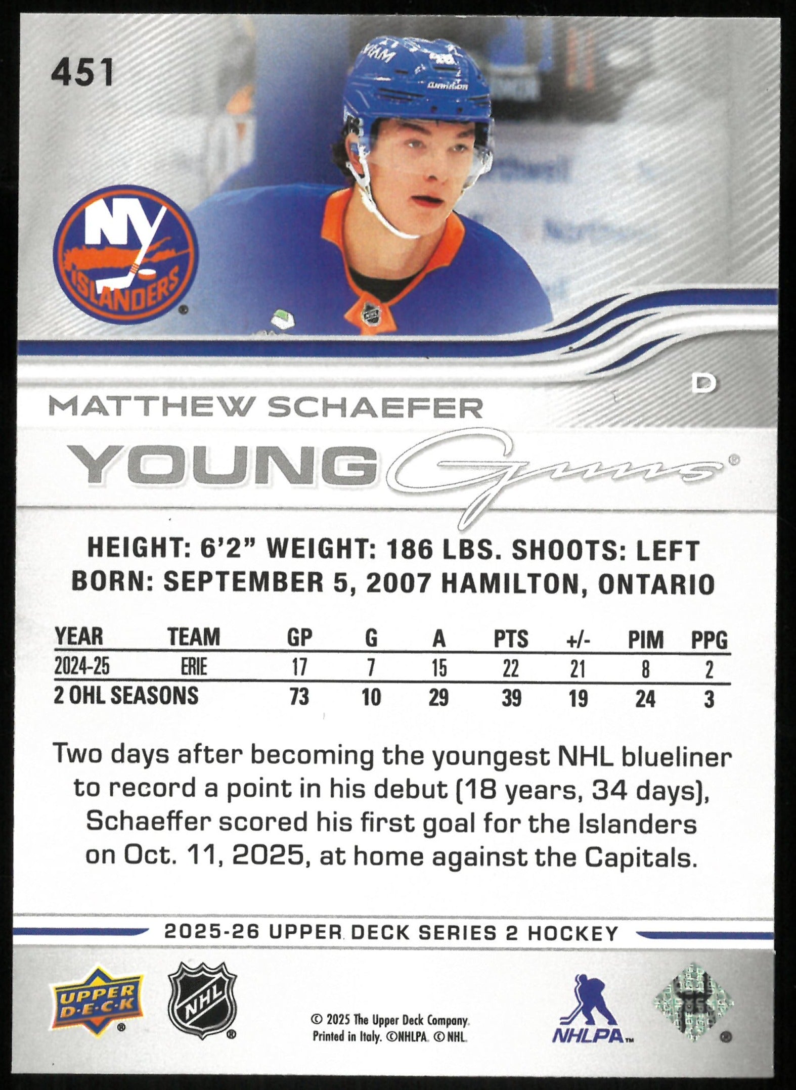 2025-26 Upper Deck Series 2 Young Guns Rookie Matthew Schaefer RC