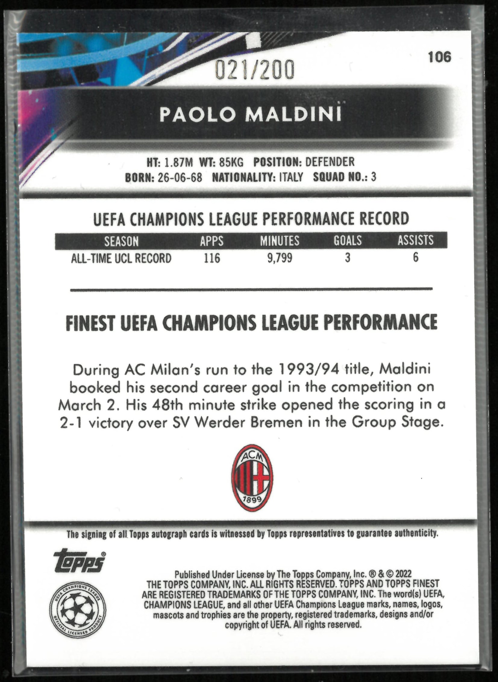 2022 Topps Finest UEFA CL Paolo Maldini Autograph Auto Purple /200