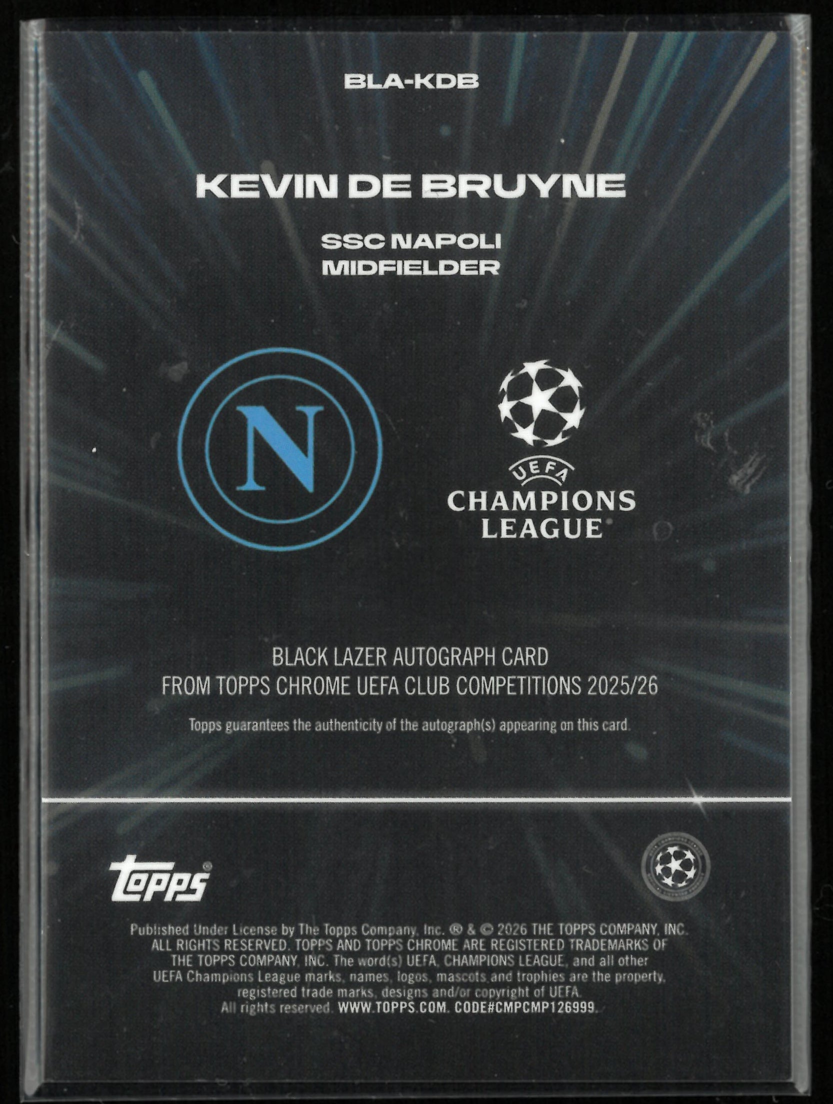 Topps Chrome UEFA Club Competition Black Lazer Autograph Kevin De Bruyne Gold/50