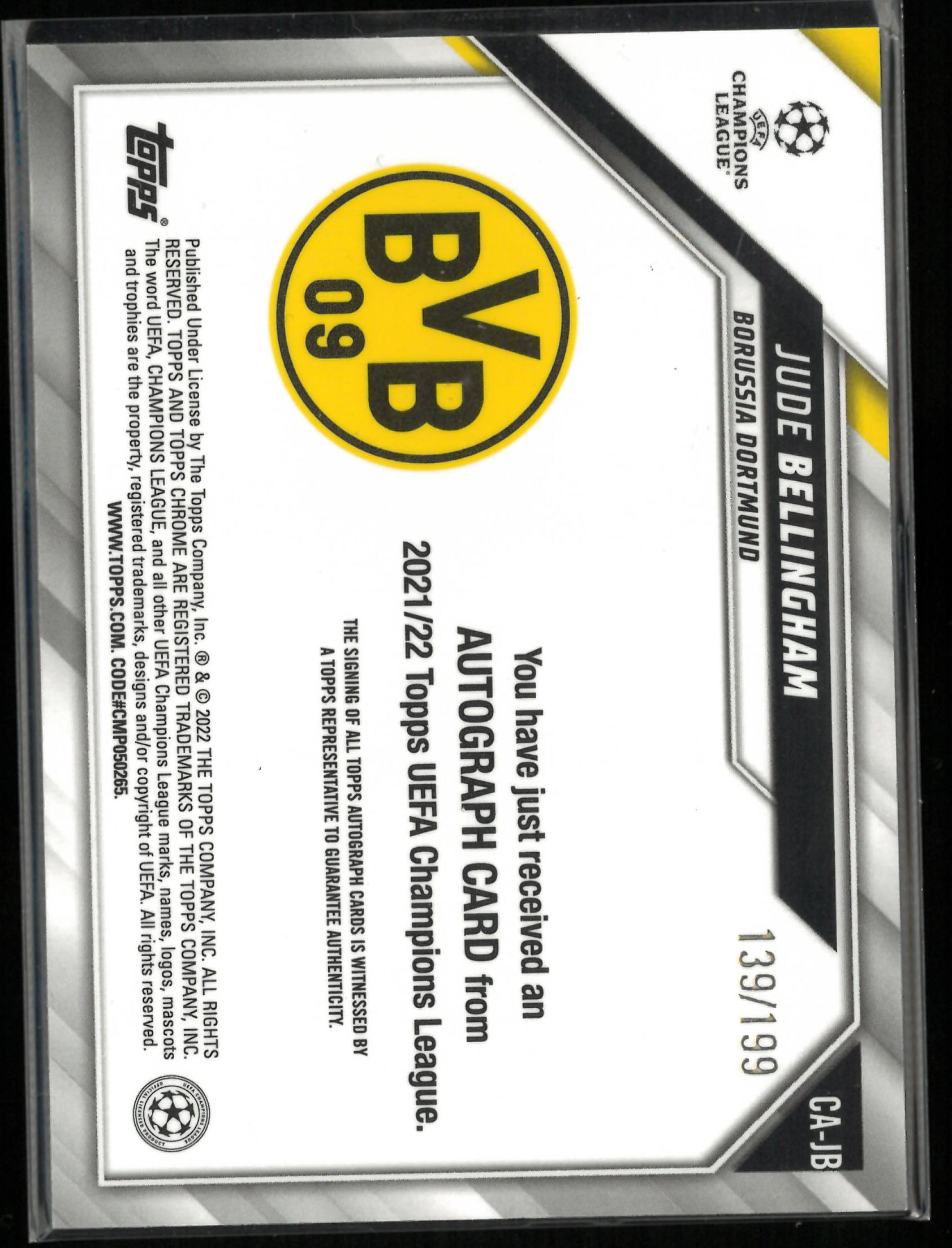 2021/22 Topps UEFA Champions League Autograph Jude Bellingham Auto Teal /199
