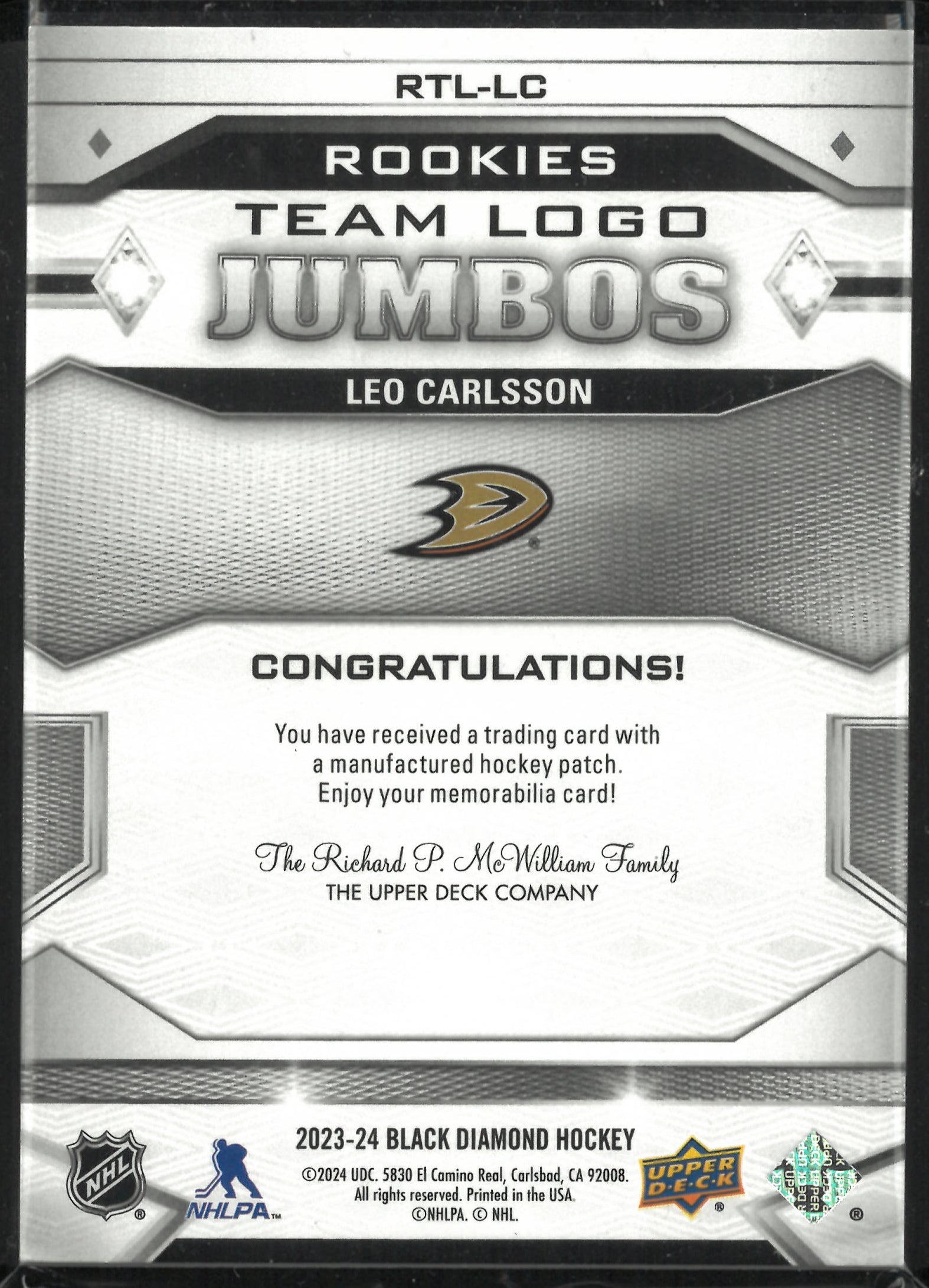 2023-24 Upper Deck Black Diamond Rookie Team Logo Jumbos Leo Carlsson RC