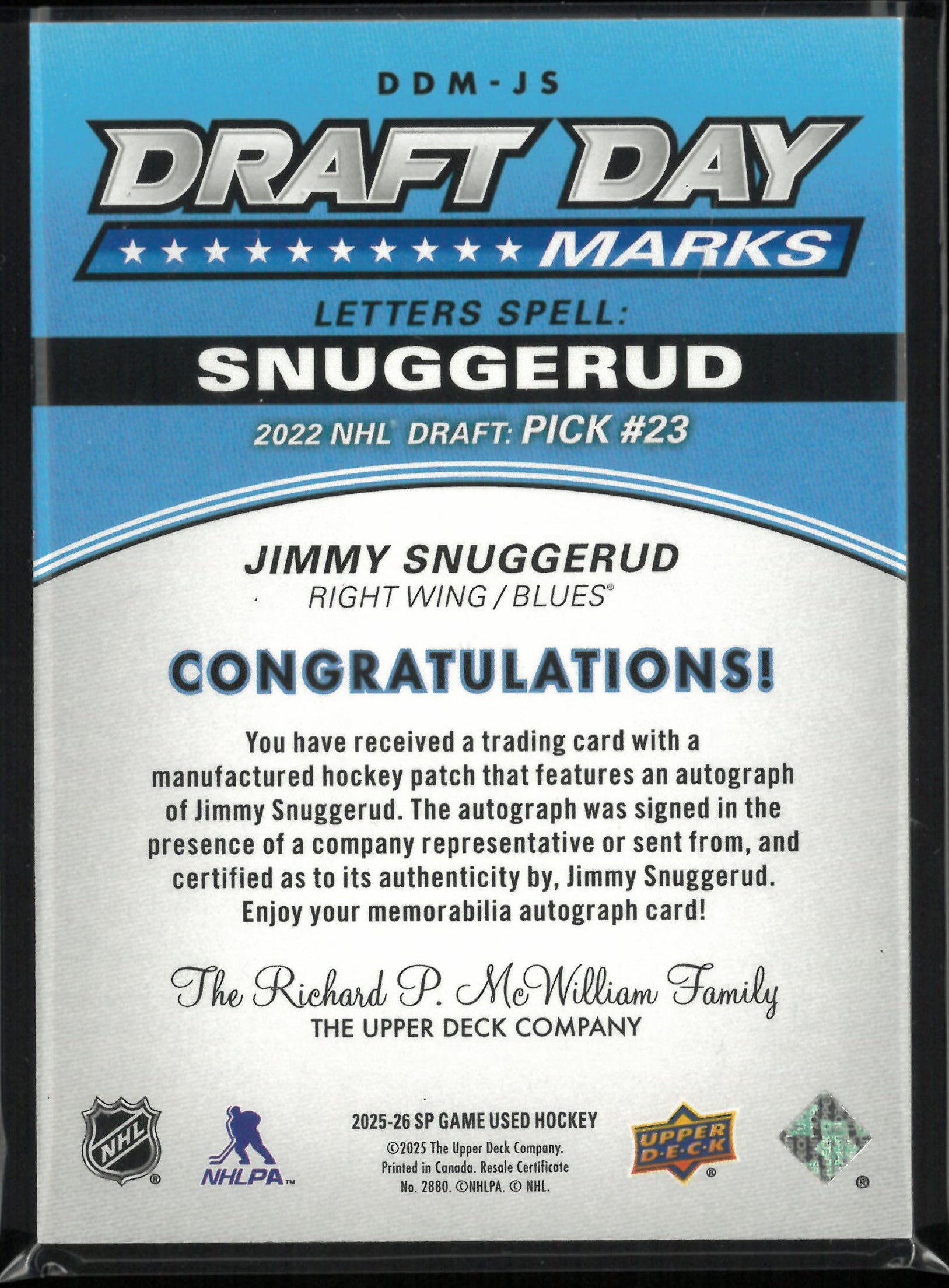 2025-26 UD SP Game Used Draft Day Marks Autograph Rookie Jimmy Snuggerud /35 RC