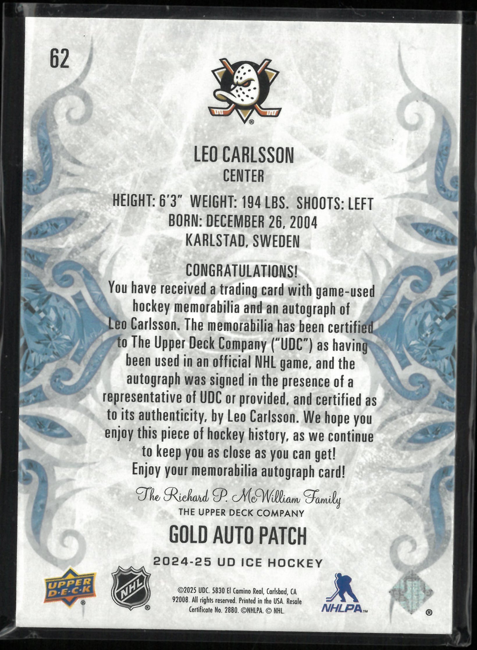 2024-25 Upper Deck Ice Gold Autograph Patch Leo Carlsson Auto