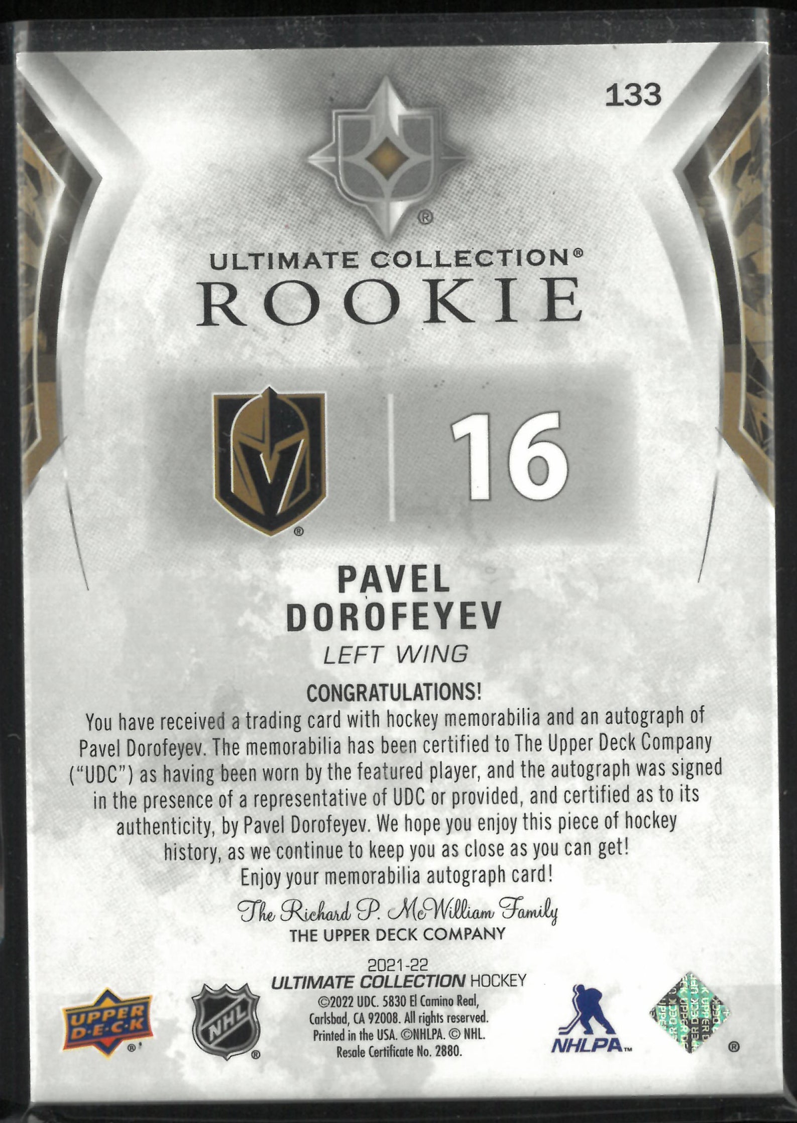 2021-22 UD Ultmiate Collection Rookie Patch Autograph Pavel Dorofeyev Auto RC/99