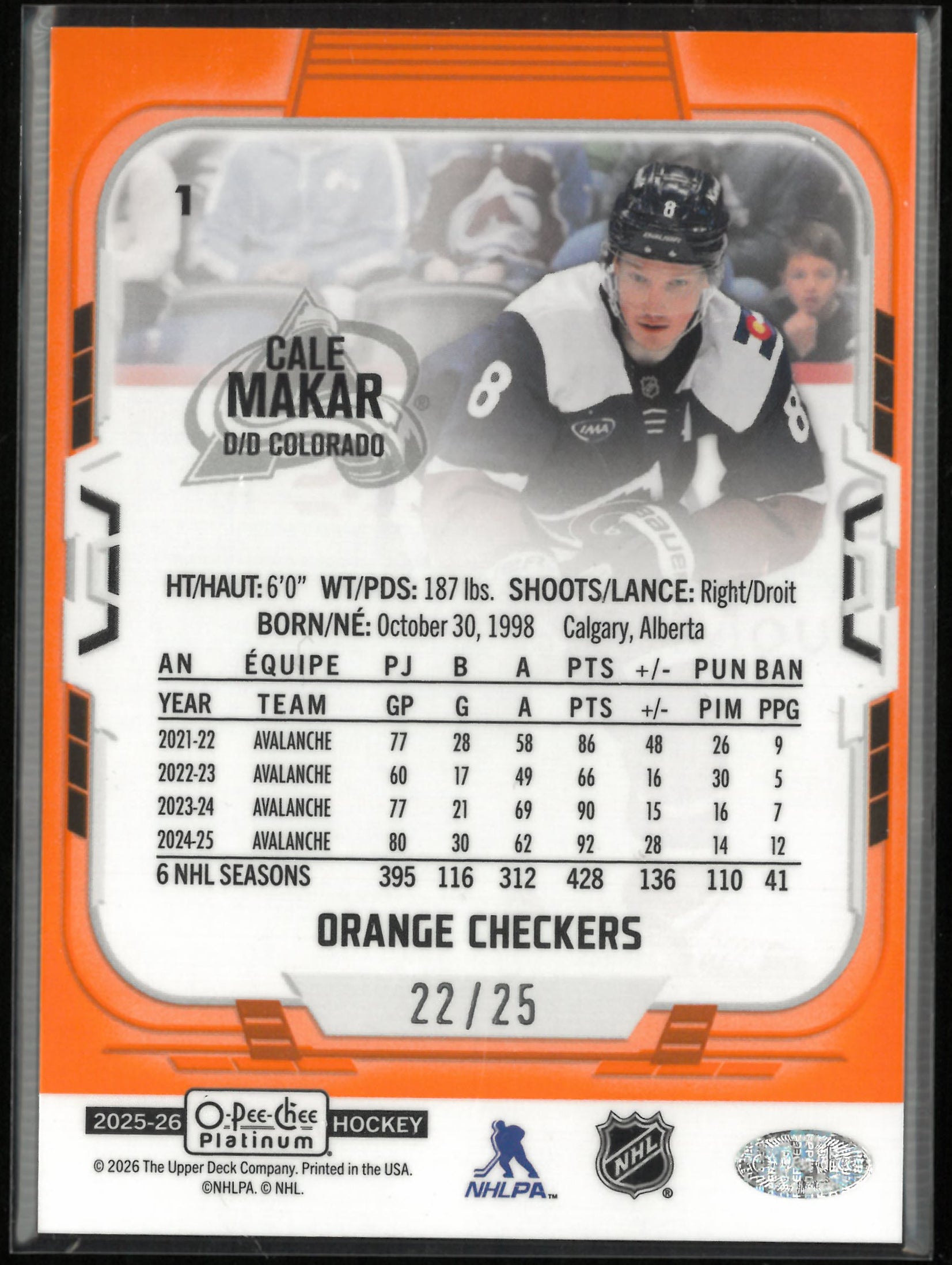 2025-26 UD O-Pee-Chee Platnium Cale Makar Orange Checkers