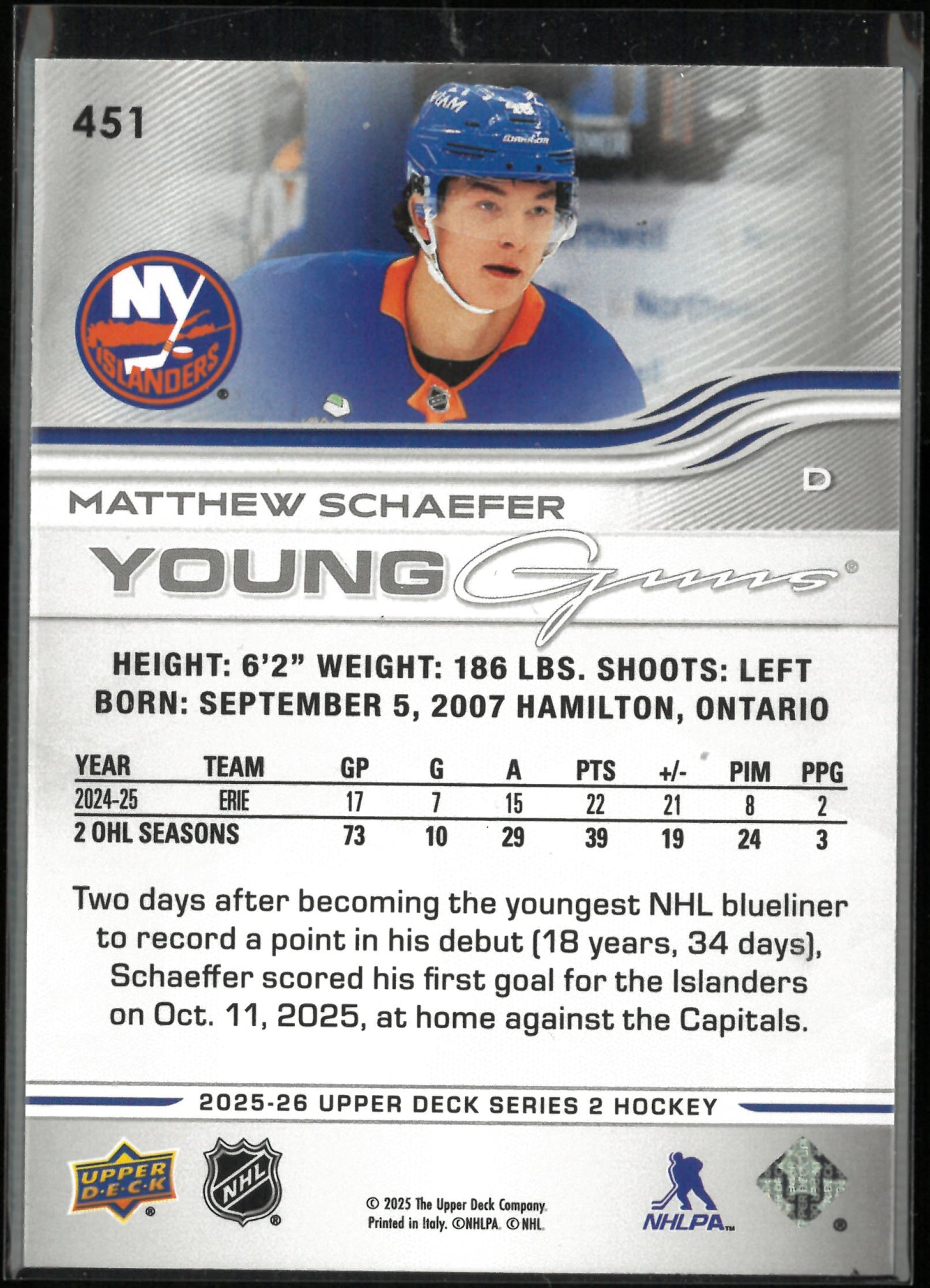 2025-26 Upper Deck Series 2 Young Guns Rookie Matthew Schaefer RC