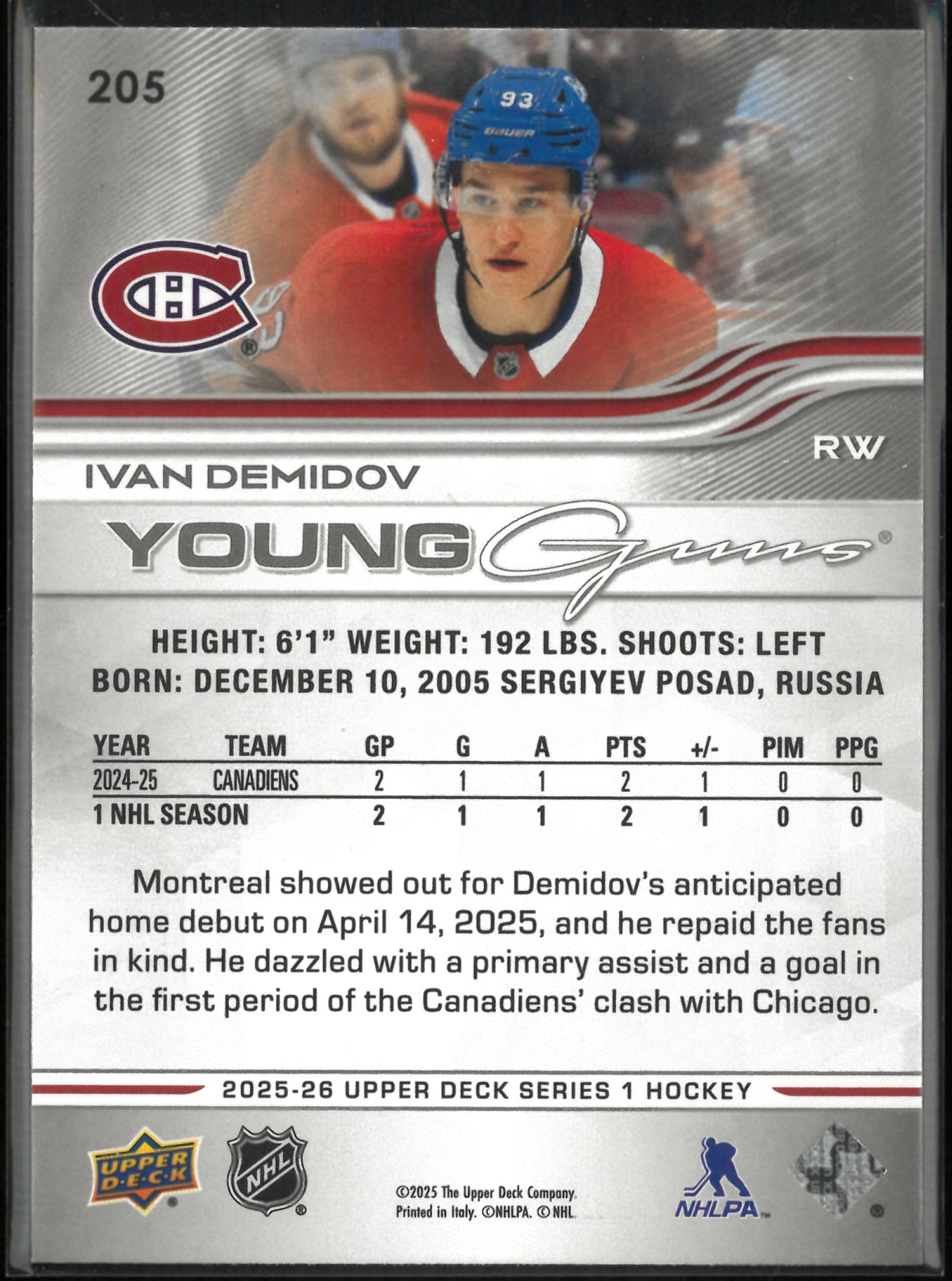2025-26 Upper Deck Series 1 Young Guns Rookie Ivan Demidov RC