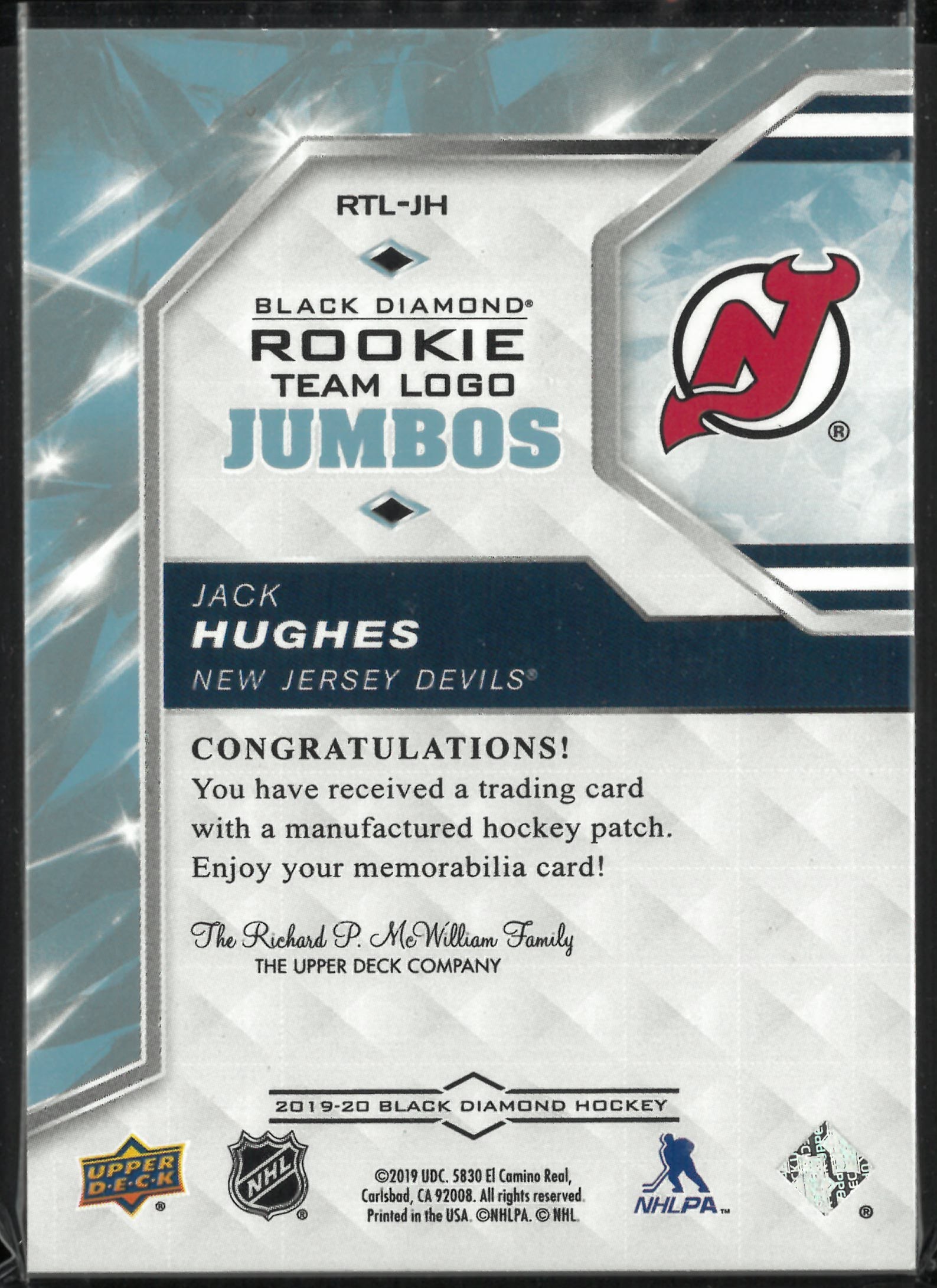 2019-20 Upper Deck Black Diamond Rookie Team Logo Jumbos Jack Hughes RC