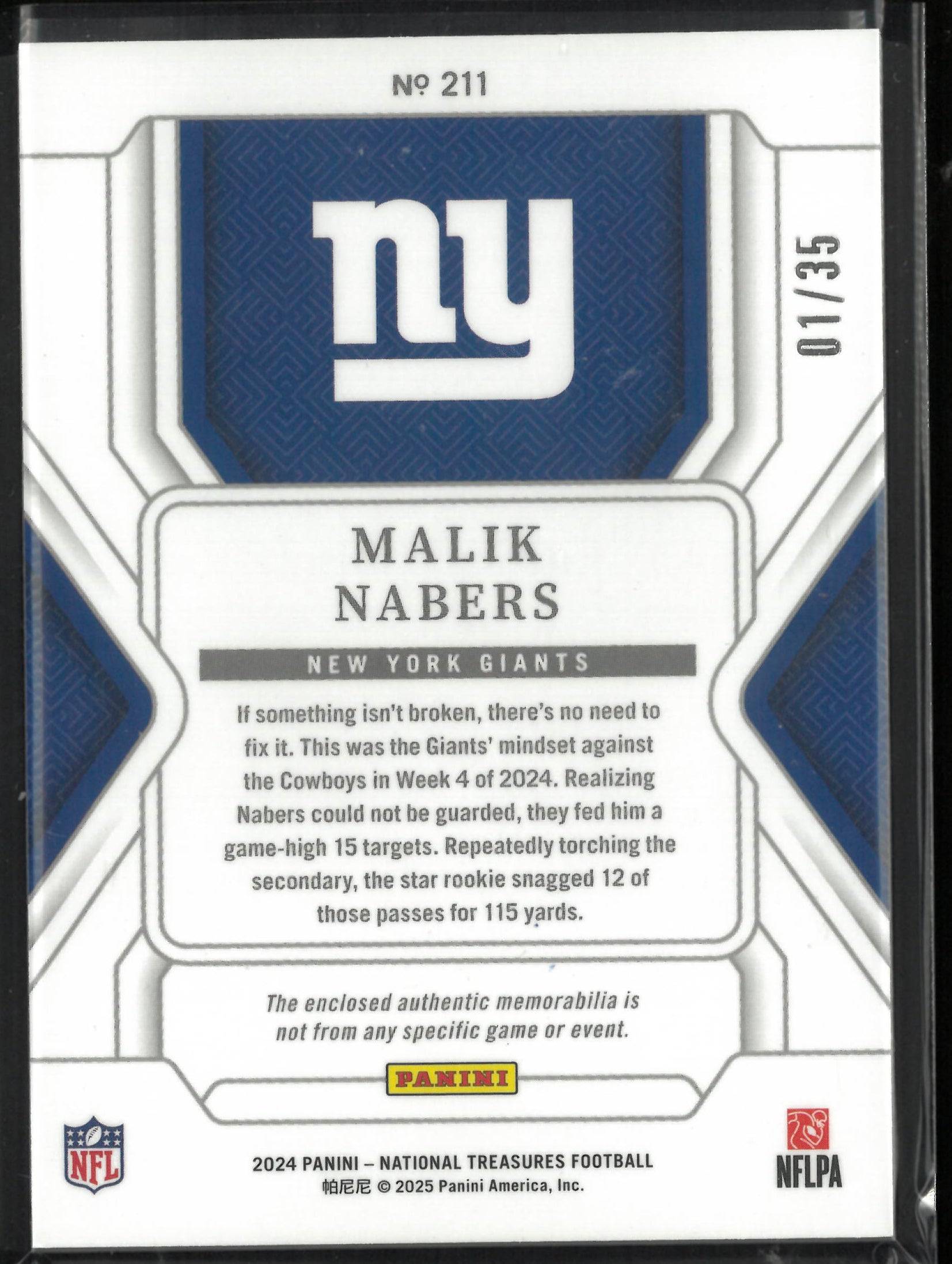 2024 Panini National Treasures Rookie Patch Malik Nabers /35 RC
