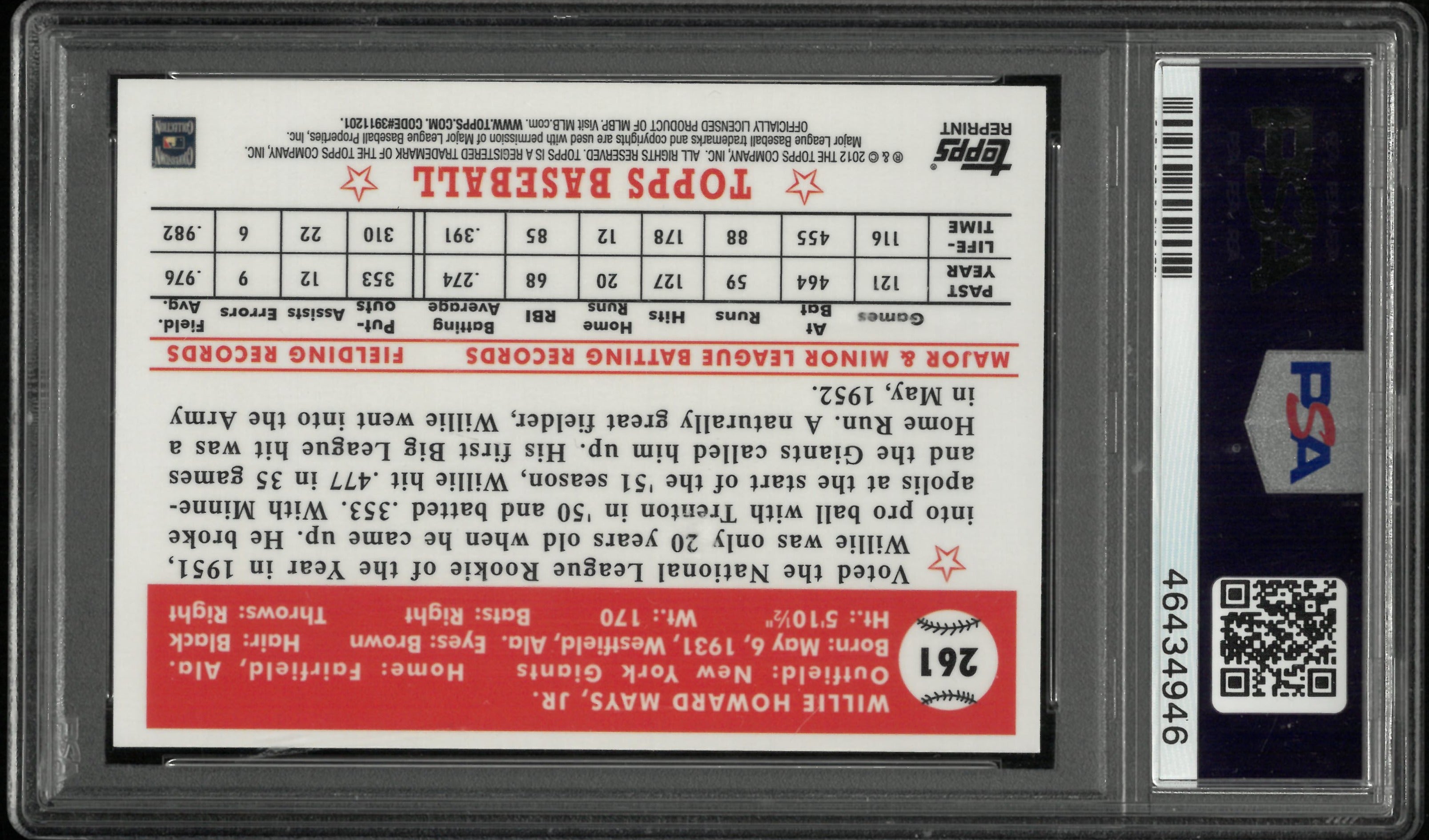 2012 Topps Factory Set Bonus Gold Refractor Willie Mays #261 1952 PSA 8