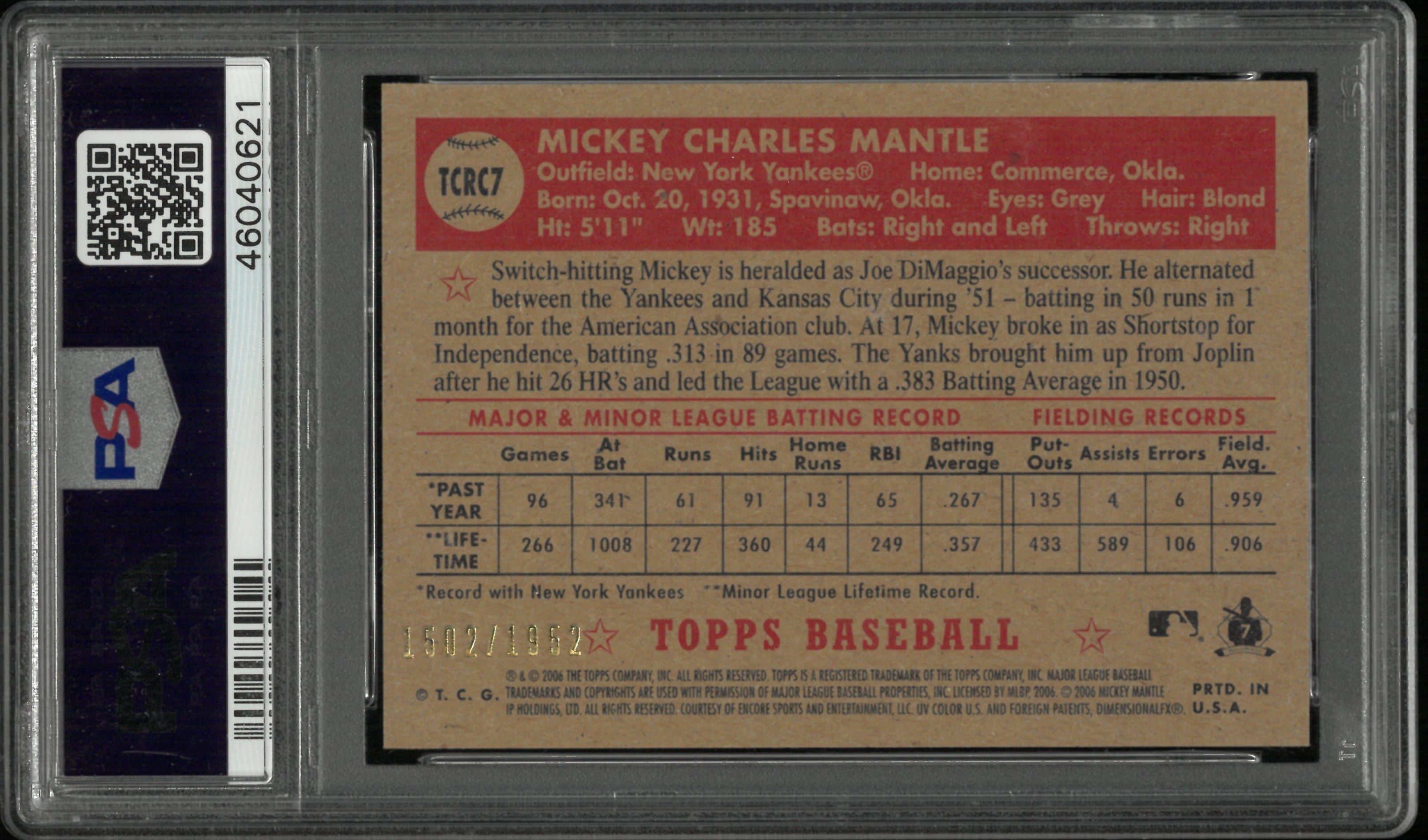 2006 Topps Baseball '52 Chrome Mickey Mantle #7 PSA 9 /1952 Yankees