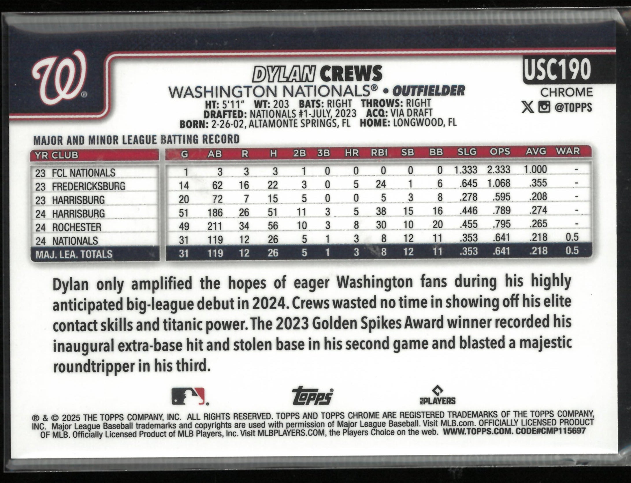 2025 Topps Chrome Rookie Dylan Crews Green /99 RC