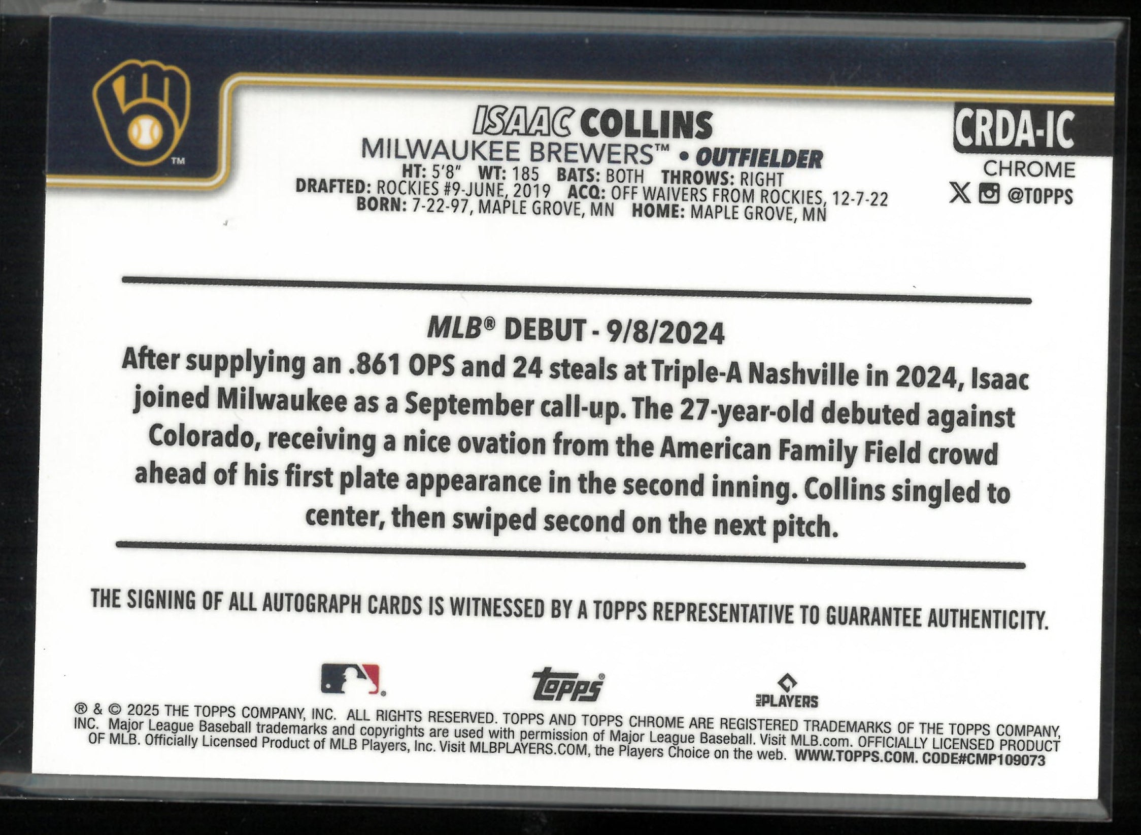 2025 Topps Chrome Rookie Autograph Issac Collins Auto Orange /25 RC