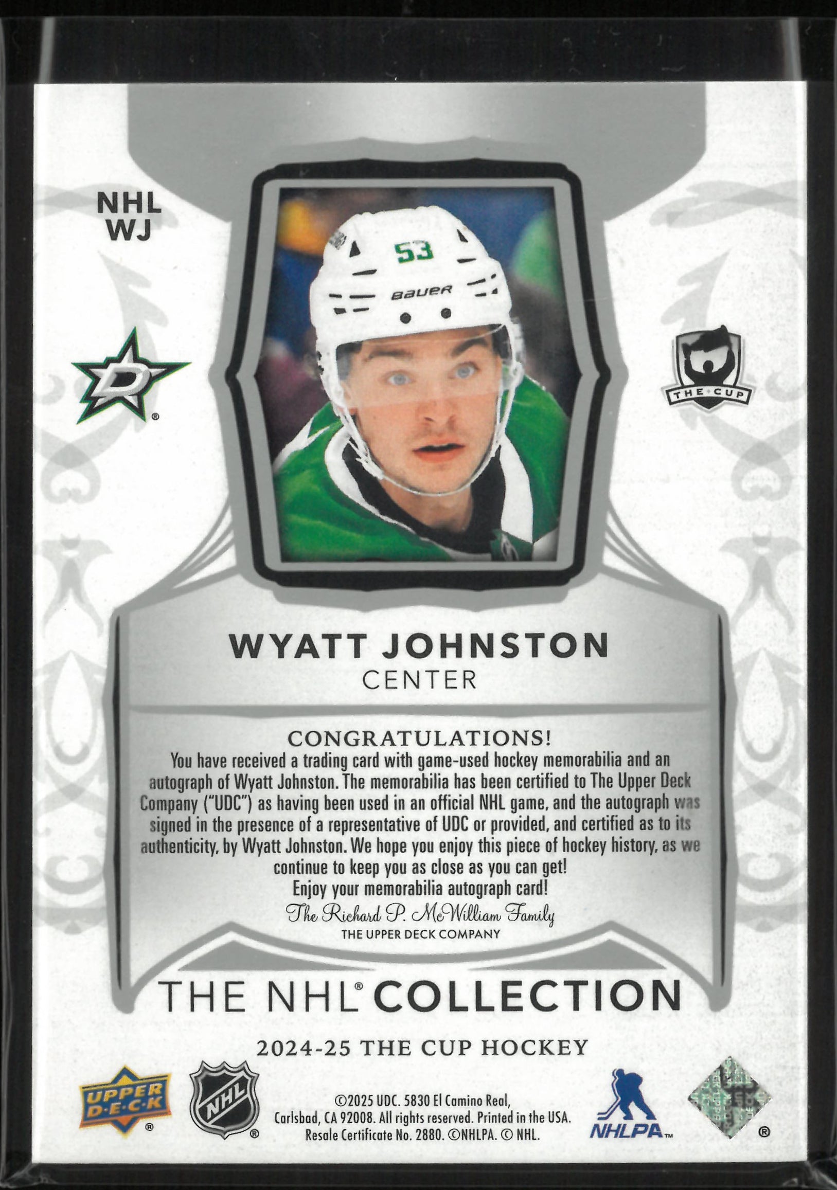 2024-25 Upper Deck The Cup Patch Autograph Wyatt Johnson Auto /25