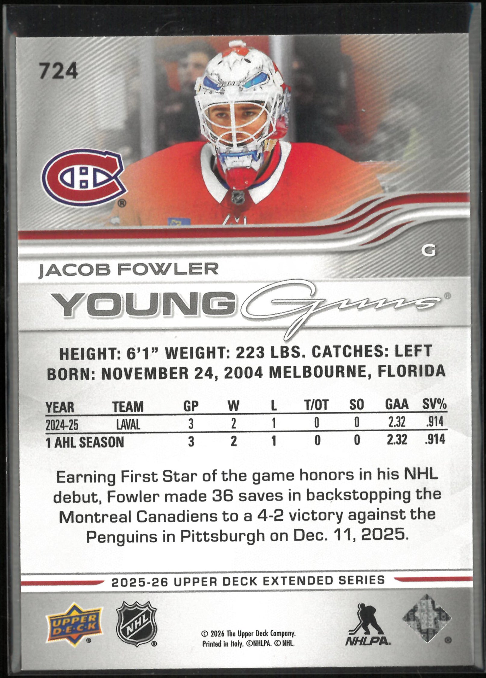 2025-26 Upper Deck Extended Series Young Guns Rookie Jacob Fowler RC