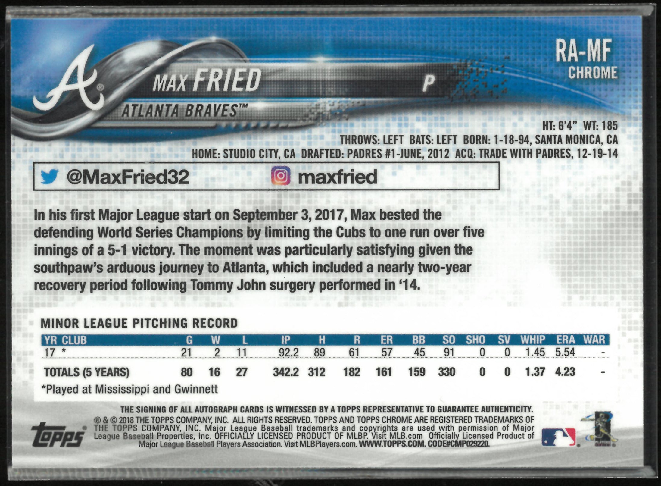 2018 Topps Chrome Rookie Autograph Max Fried Auto RC