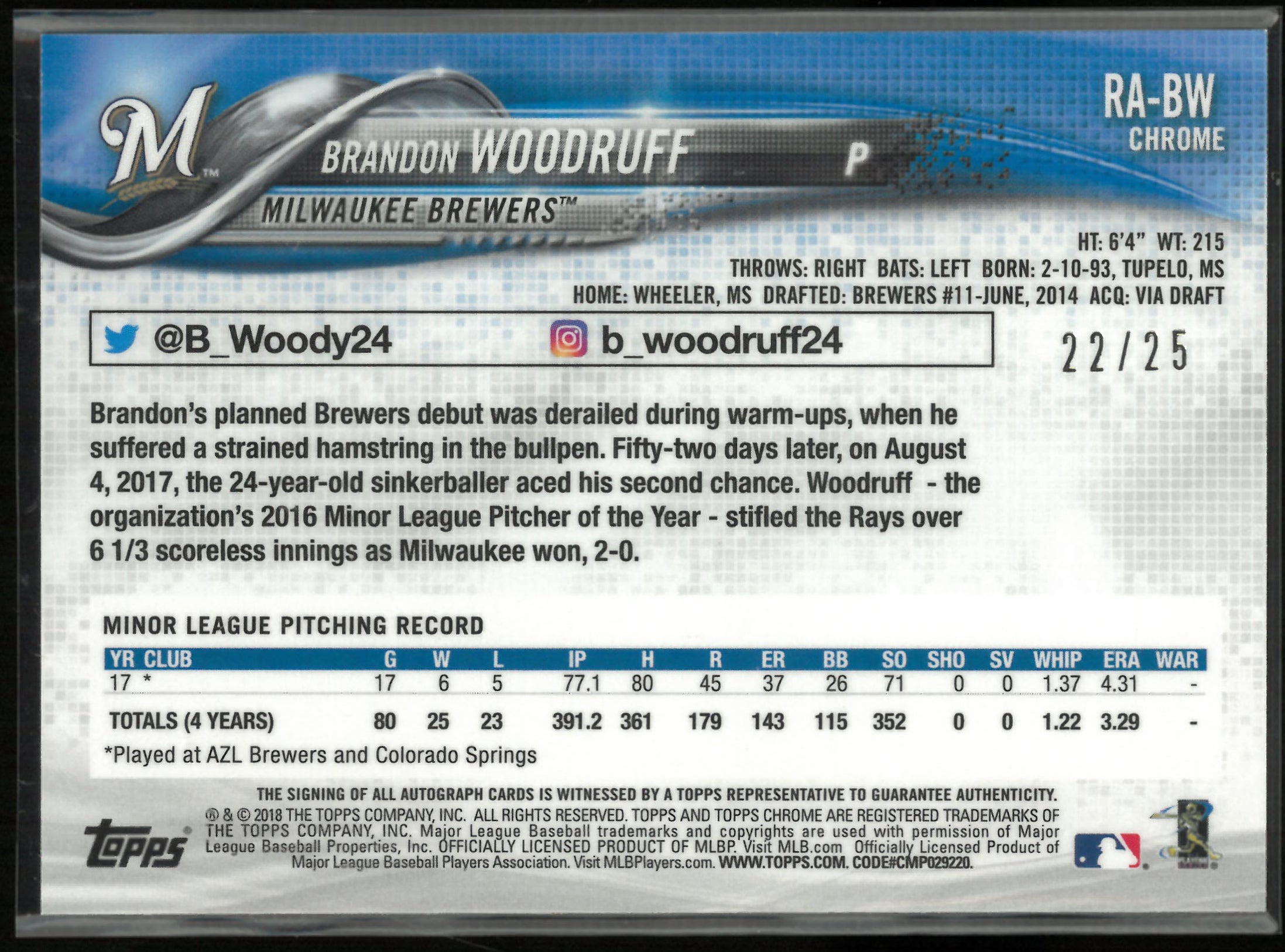 2018 Topps Chrome Rookie Autograph Brandon Woodruff Auto Orange /25 RC