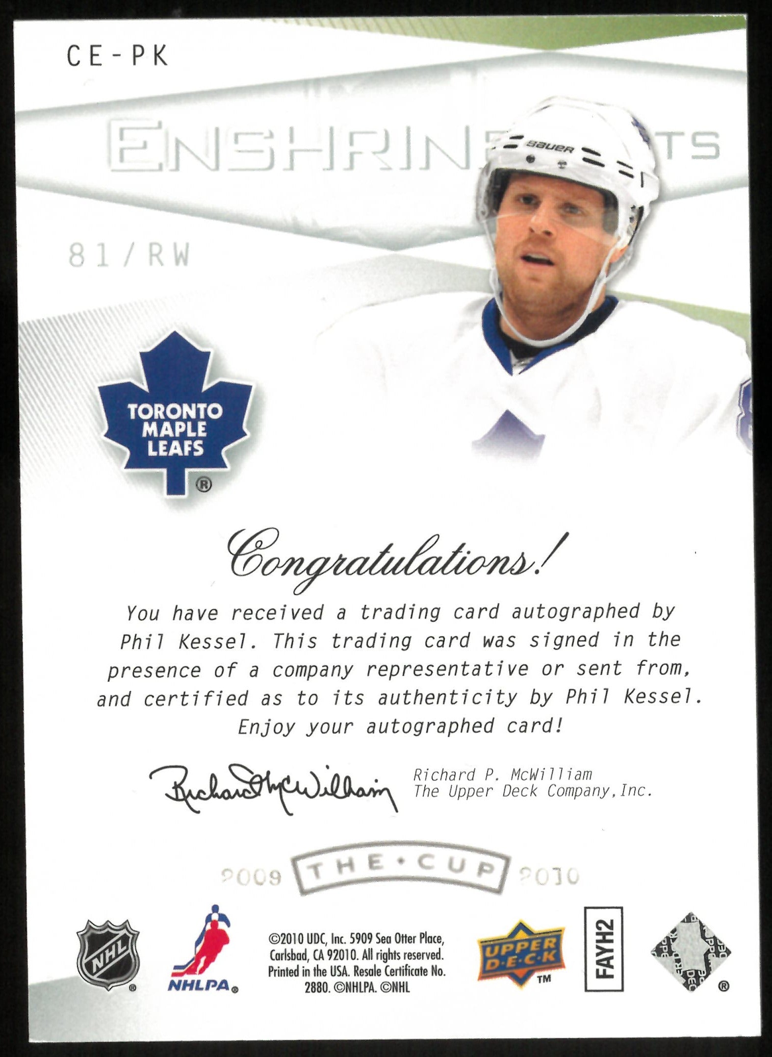 2009-10 Upper Deck The Cup Enshrinements Auto Phil Kessel /50