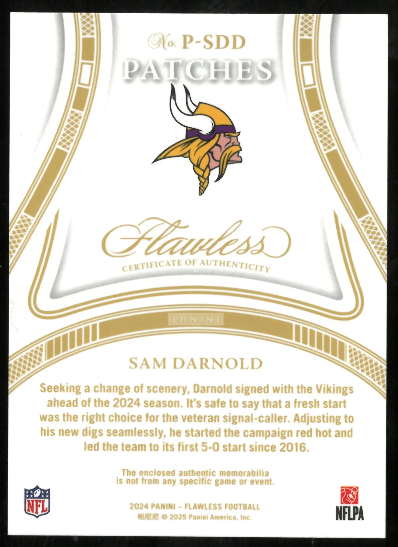 Sam Darnold /20 3CLR PATCH Flawless 2024 Panini Flawless 