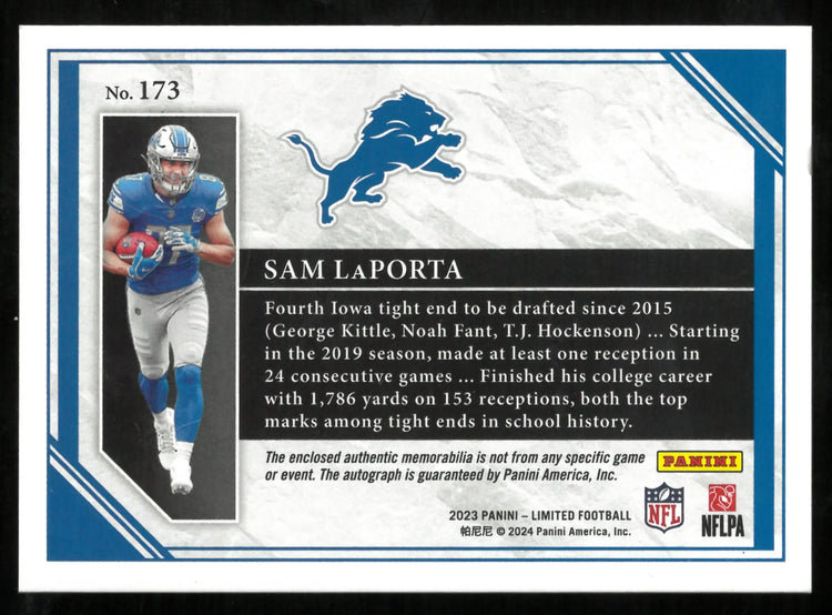 Sam LaPorta Auto Patch /75 RC Rookie Limited Lions 