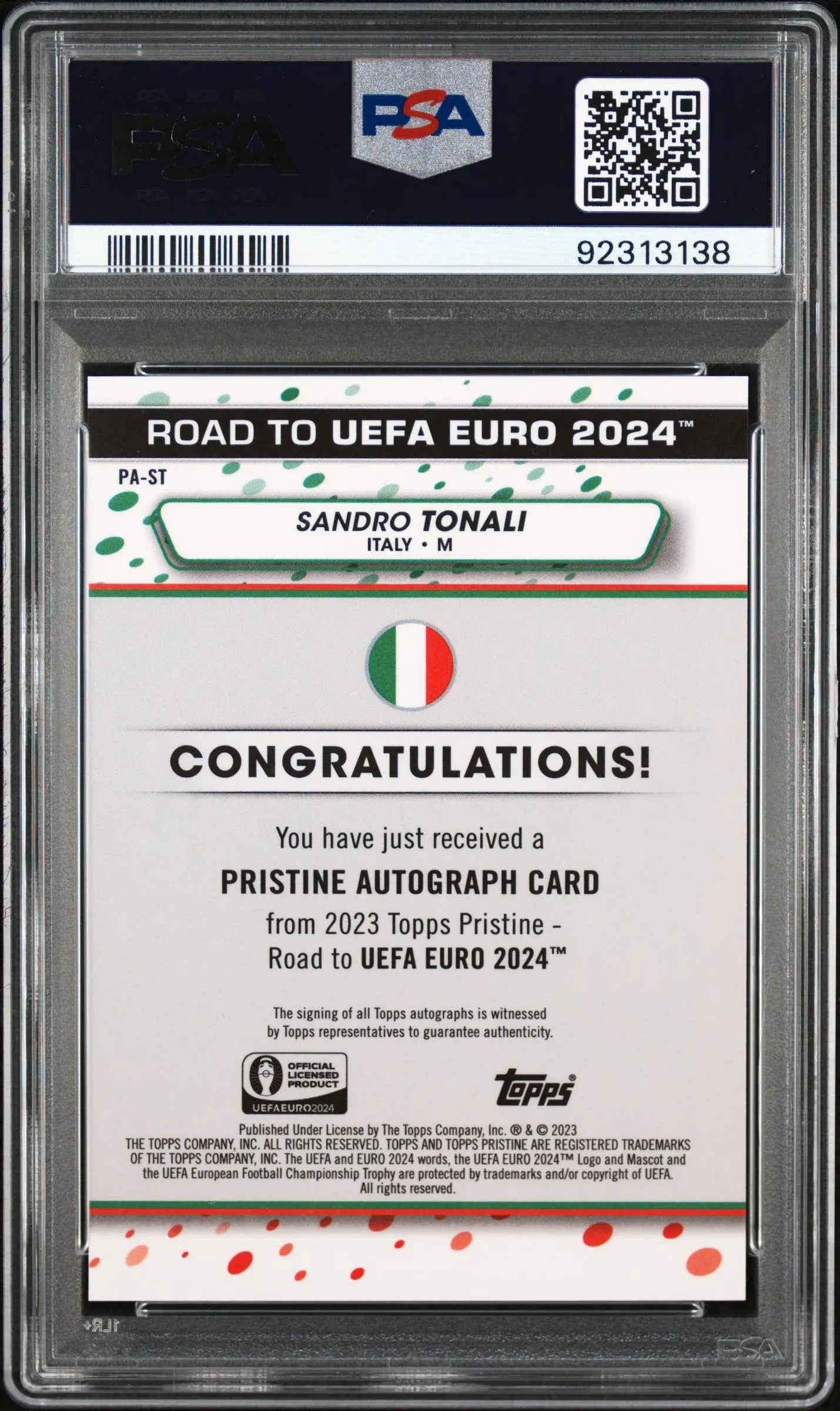 Sandra Tonali Auto 2023-24 Topps Pristine PSA 10 Autograph Road to Euro UEFA 