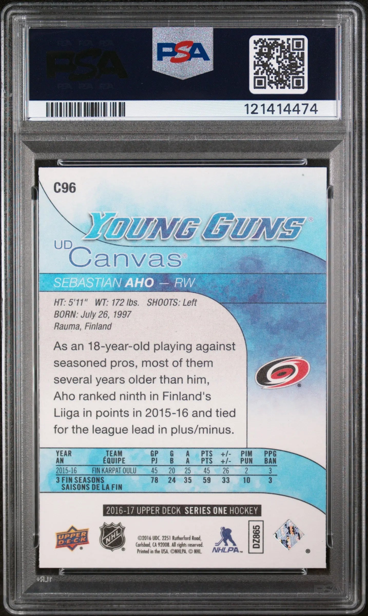 Sebastian Aho Young Guns Canvas PSA 10 2016-17 16-17 RC Rookie UD Upper Deck 