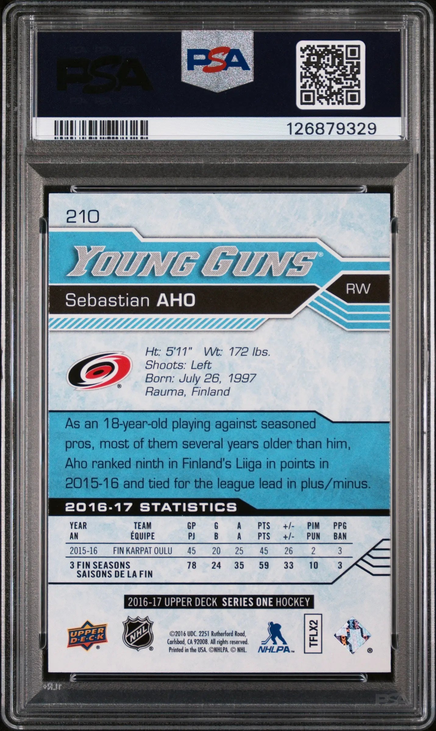 Sebastian Aho Young Guns PSA 9 RC Rookie UD Upper Deck 2016-17 16-17 