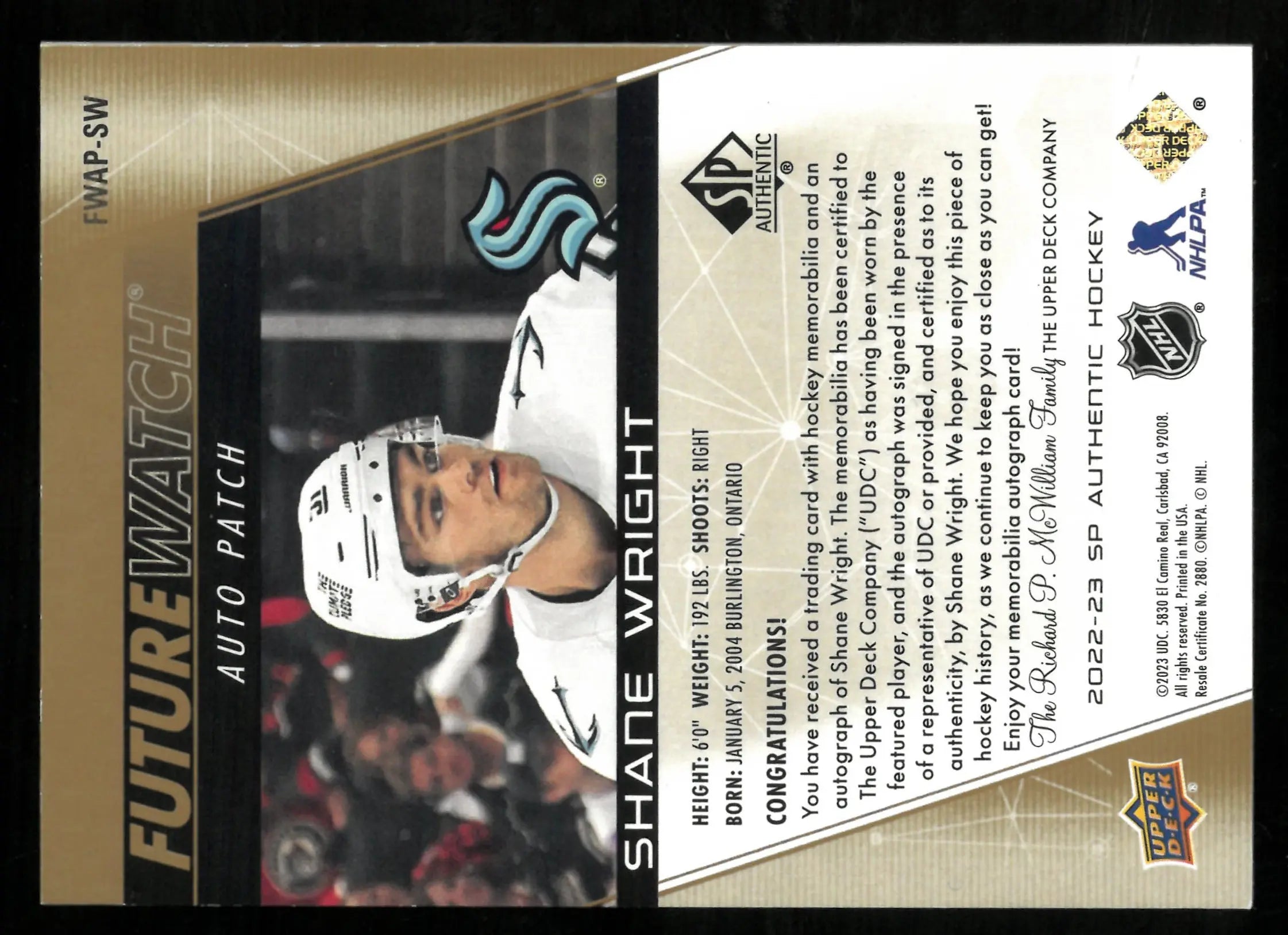 Shane Wright /100 Patch Auto RC Rookie 2022-23 SP Authentic Future Watch 