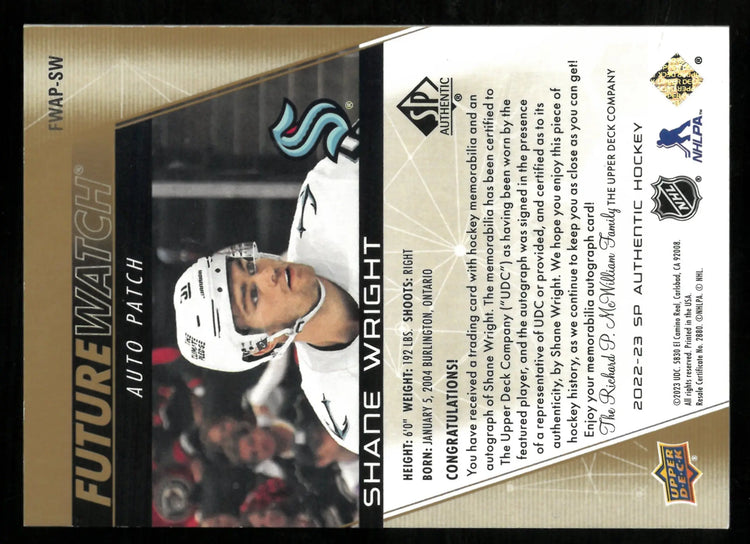 Shane Wright /100 Patch Auto RC Rookie 2022-23 SP Authentic Future Watch 