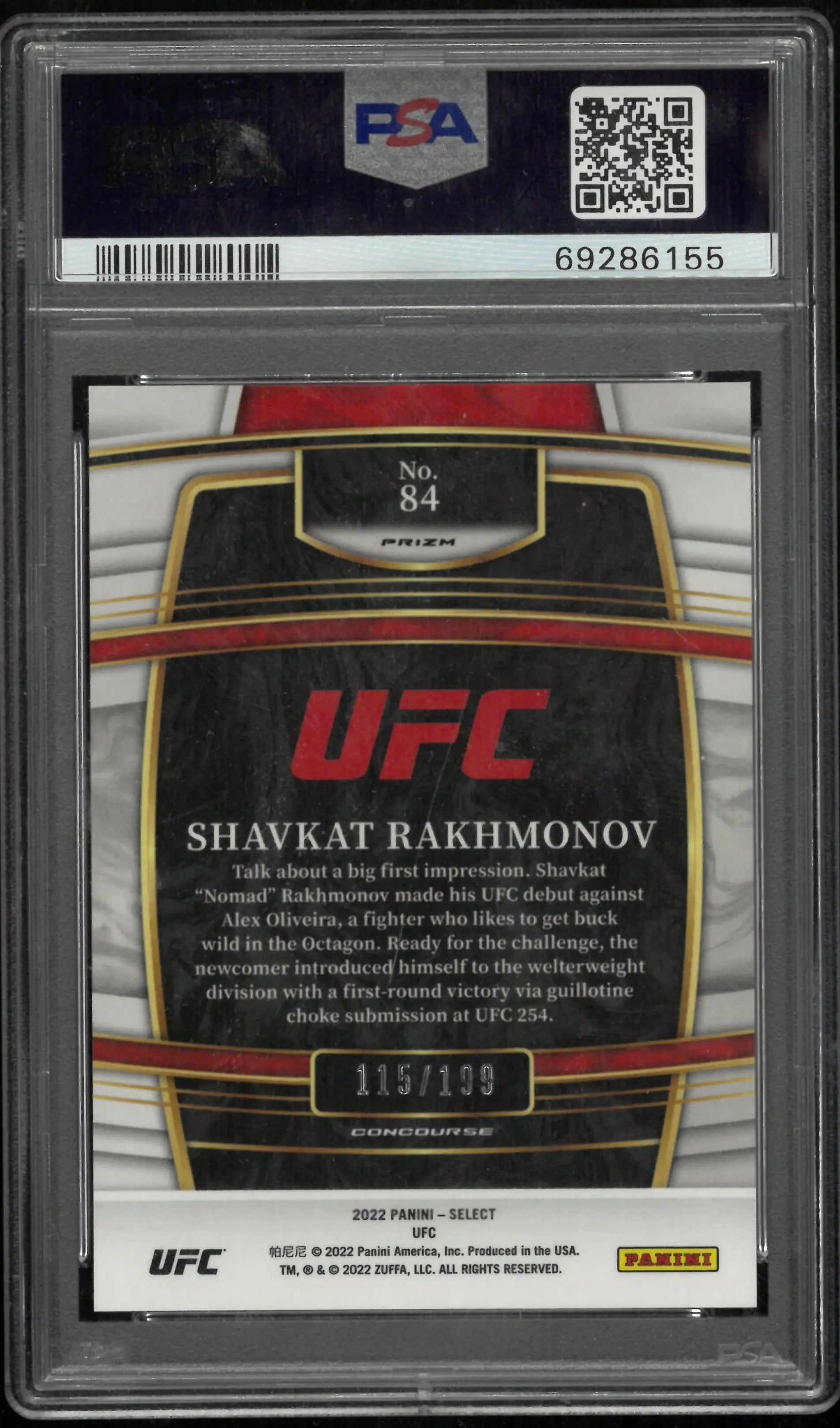 Shavkat Rakhmonov #84 RC Rookie Light Blue Prizm PSA 10 2022 Select UFC 