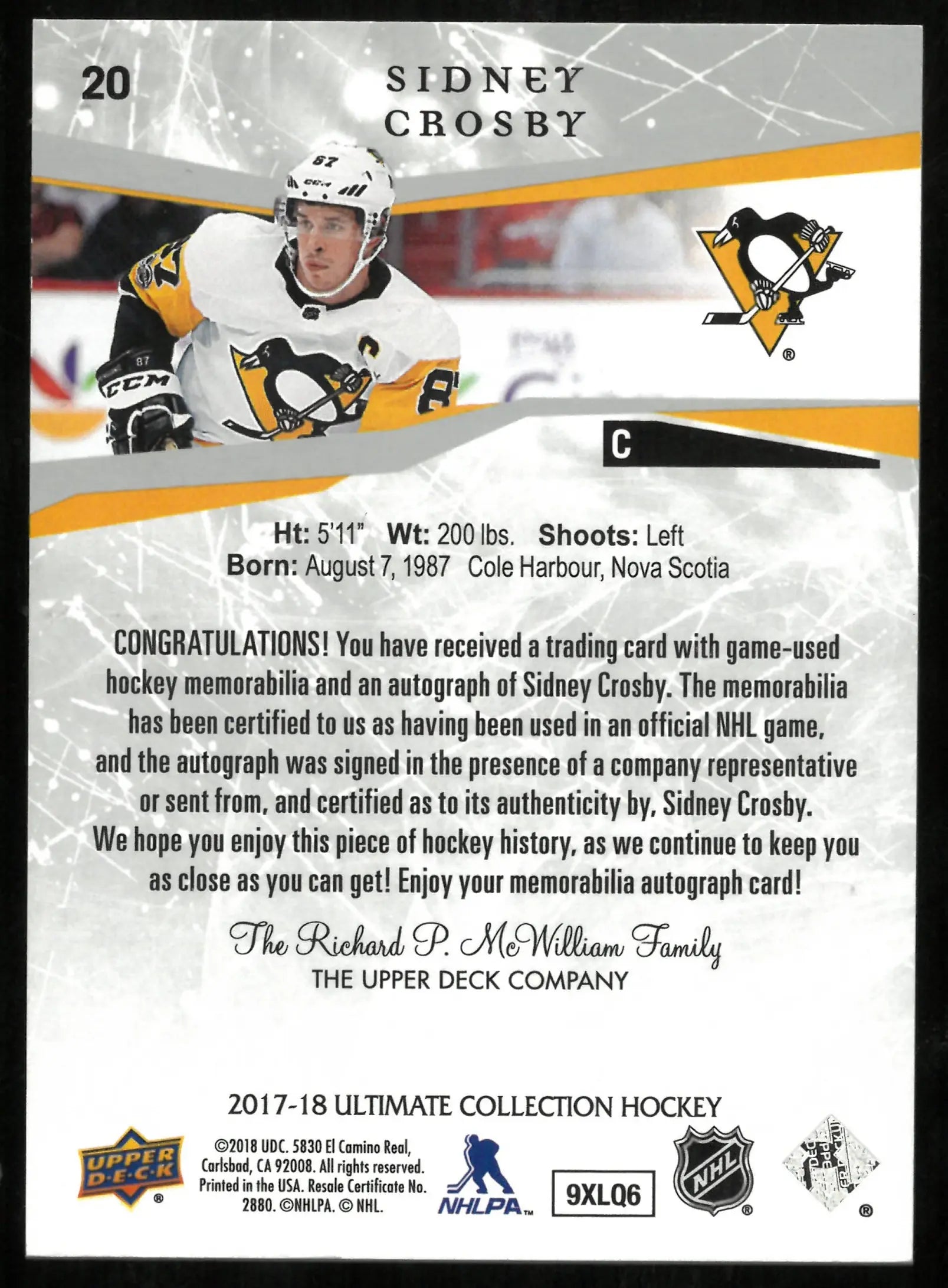 Sidney Crosby Auto Jersey UD Ultimate 2017-18 17-18 On Card 