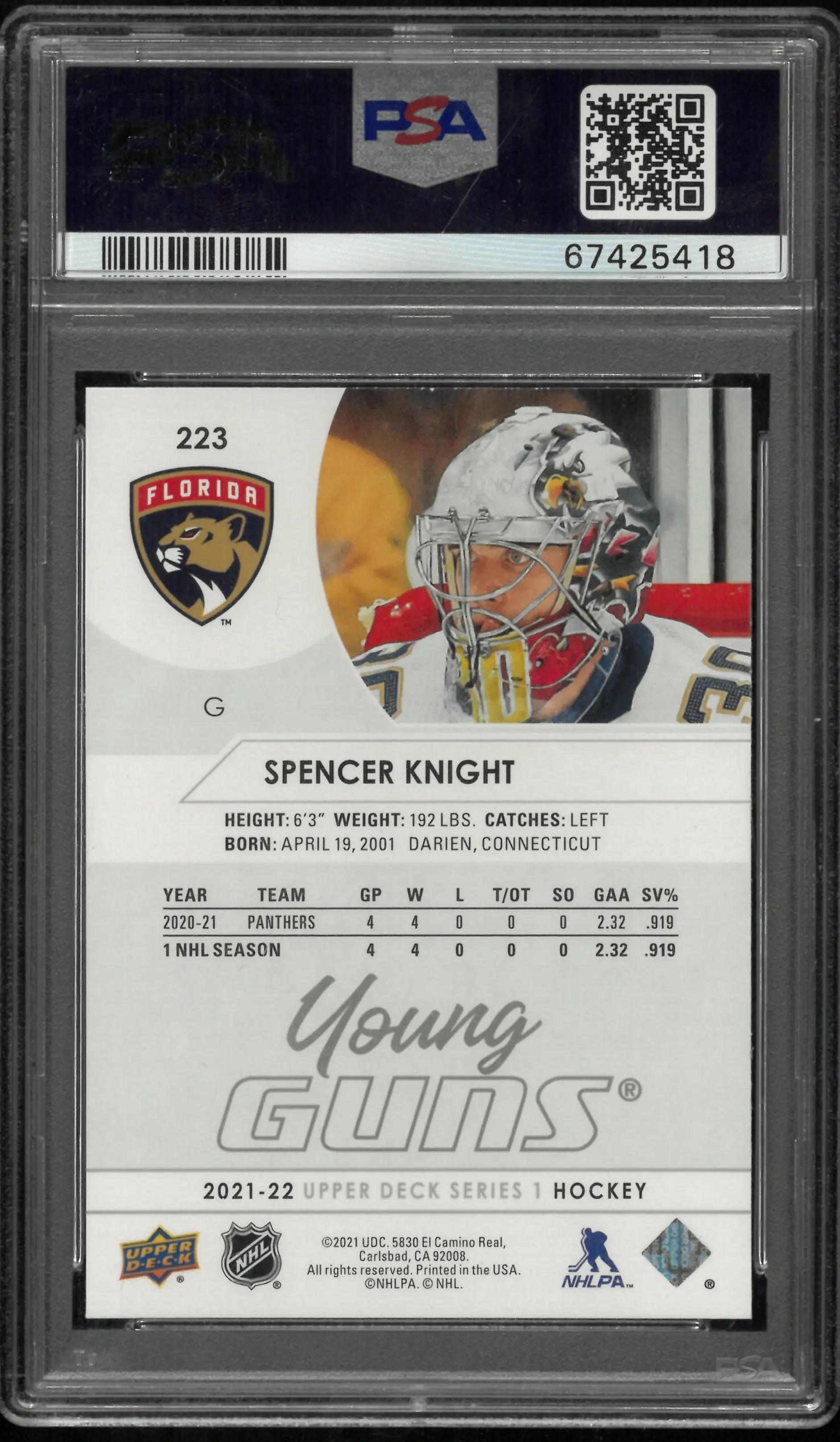 Spencer Knight Young Guns PSA 10 RC 2021-22 Upper Deck 