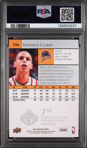 Stephen Curry RC Rookie PSA 9 2009-10 UD First 1st Edition 09-10 Upper Deck 196 