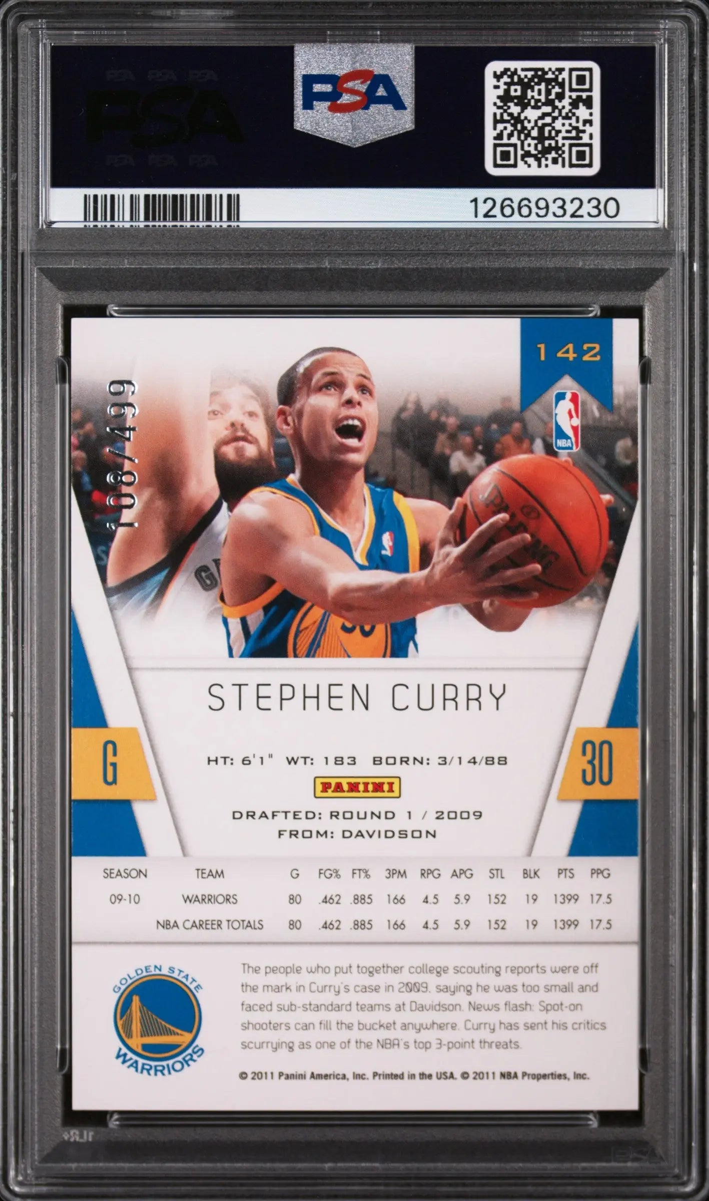 Stephen Curry Red PSA 9 /499 2010-11 Panini Totally Certified 10-11 Warriors 