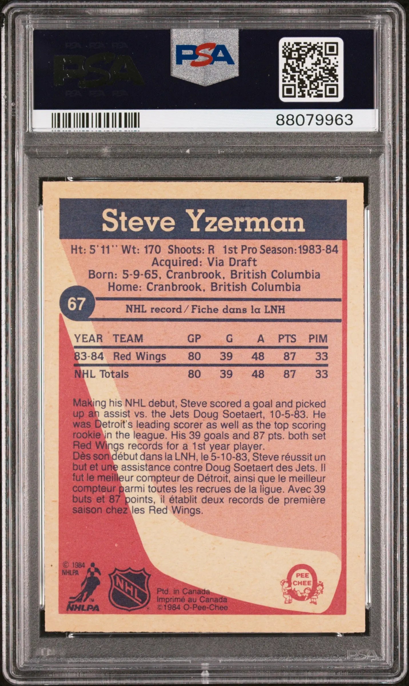 Steve Yzerman RC Rookie 1984-85 O Pee Chee OPC PSA 8 NM-MT Red Wings 