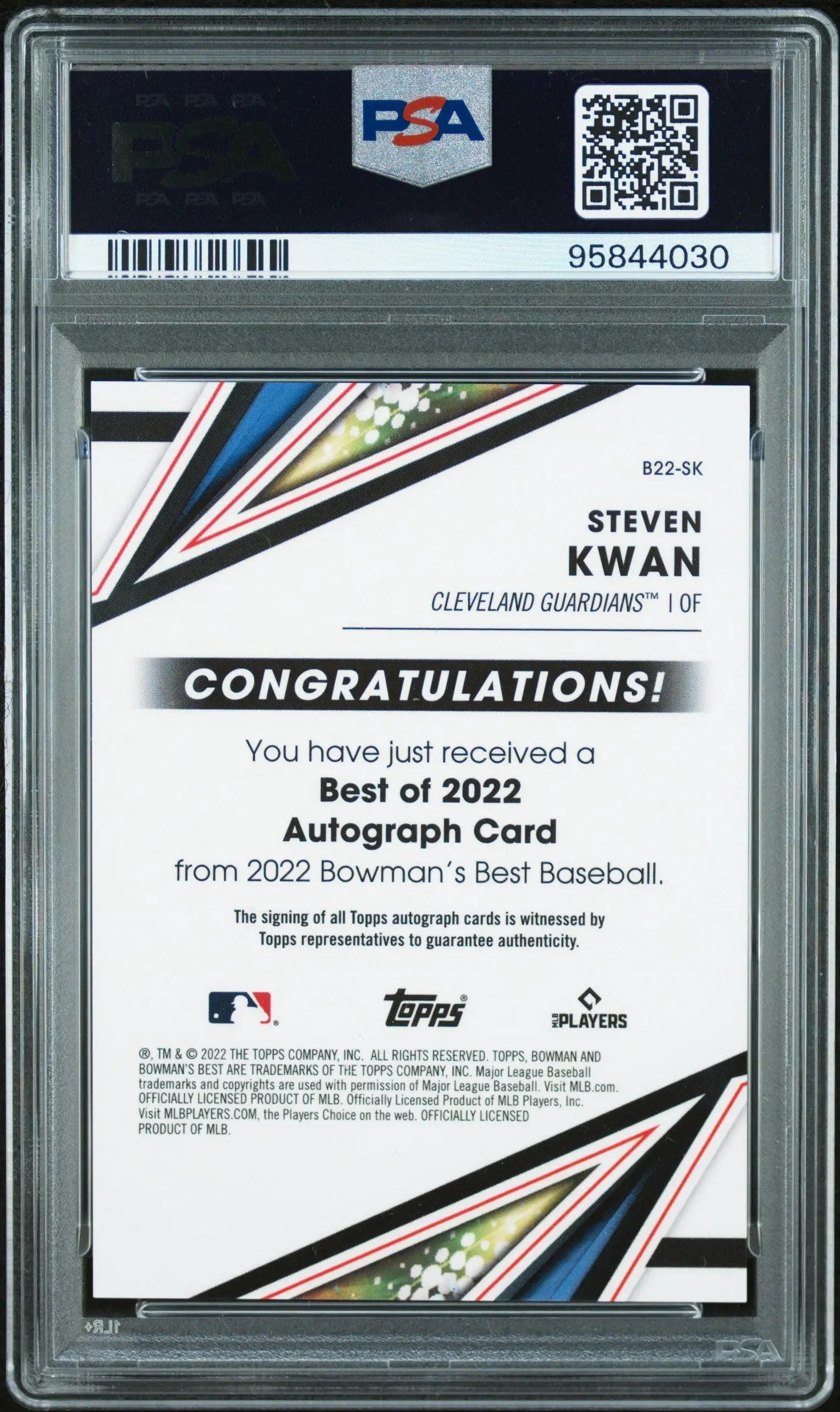 Steven Kwan RC Auto Blue Refractor /150 PSA 8 2022 Bowman's Best Autograph 
