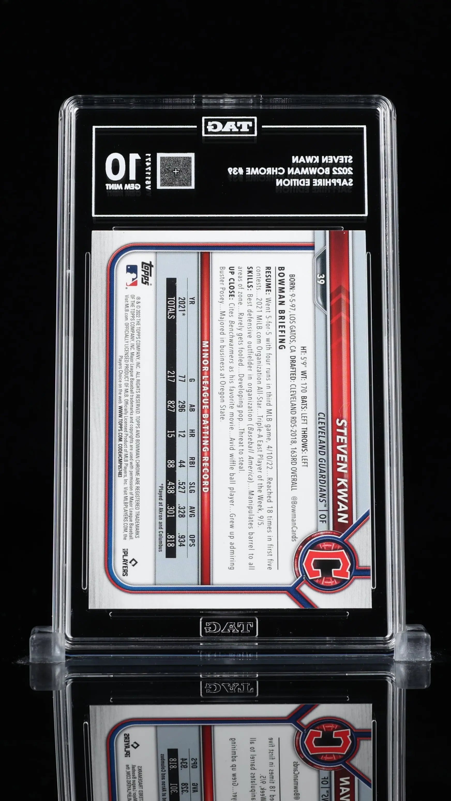 Steven Kwan Sapphire RC Rookie TAG 10 Gem Mint Bowman Chrome 2022 39 Guardians 