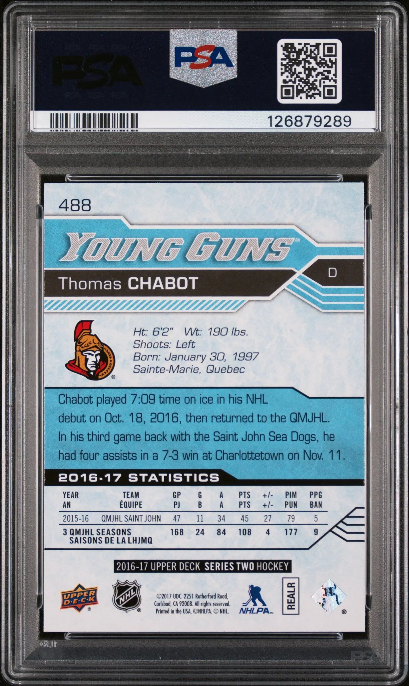 Thomas Chabot Young Guns RC Rookie PSA 10 UD Upper Deck 2016-17 16-17 