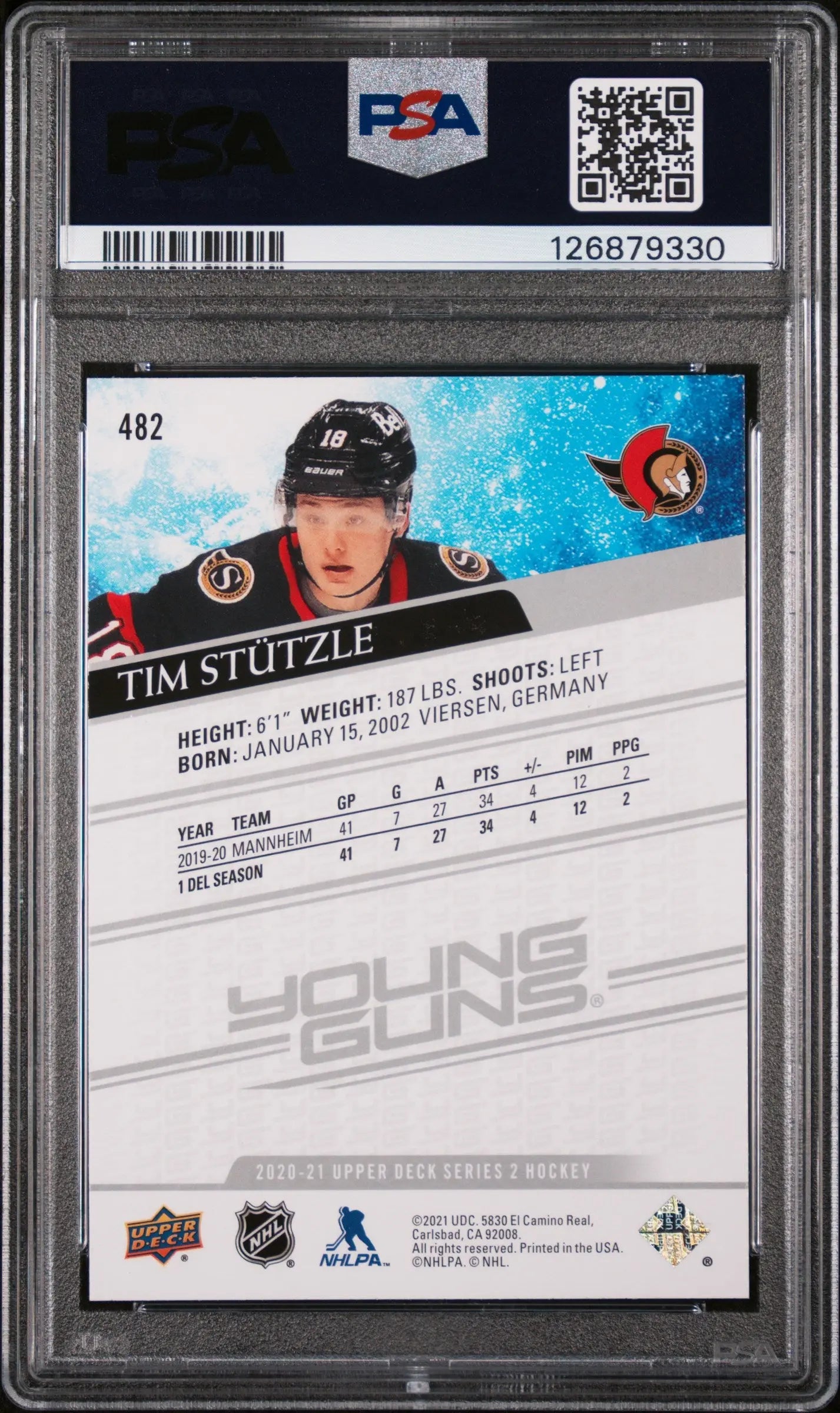 Tim Stutzle Young Guns RC PSA 9 Rookie UD Upper Deck 2020-21 20-21 
