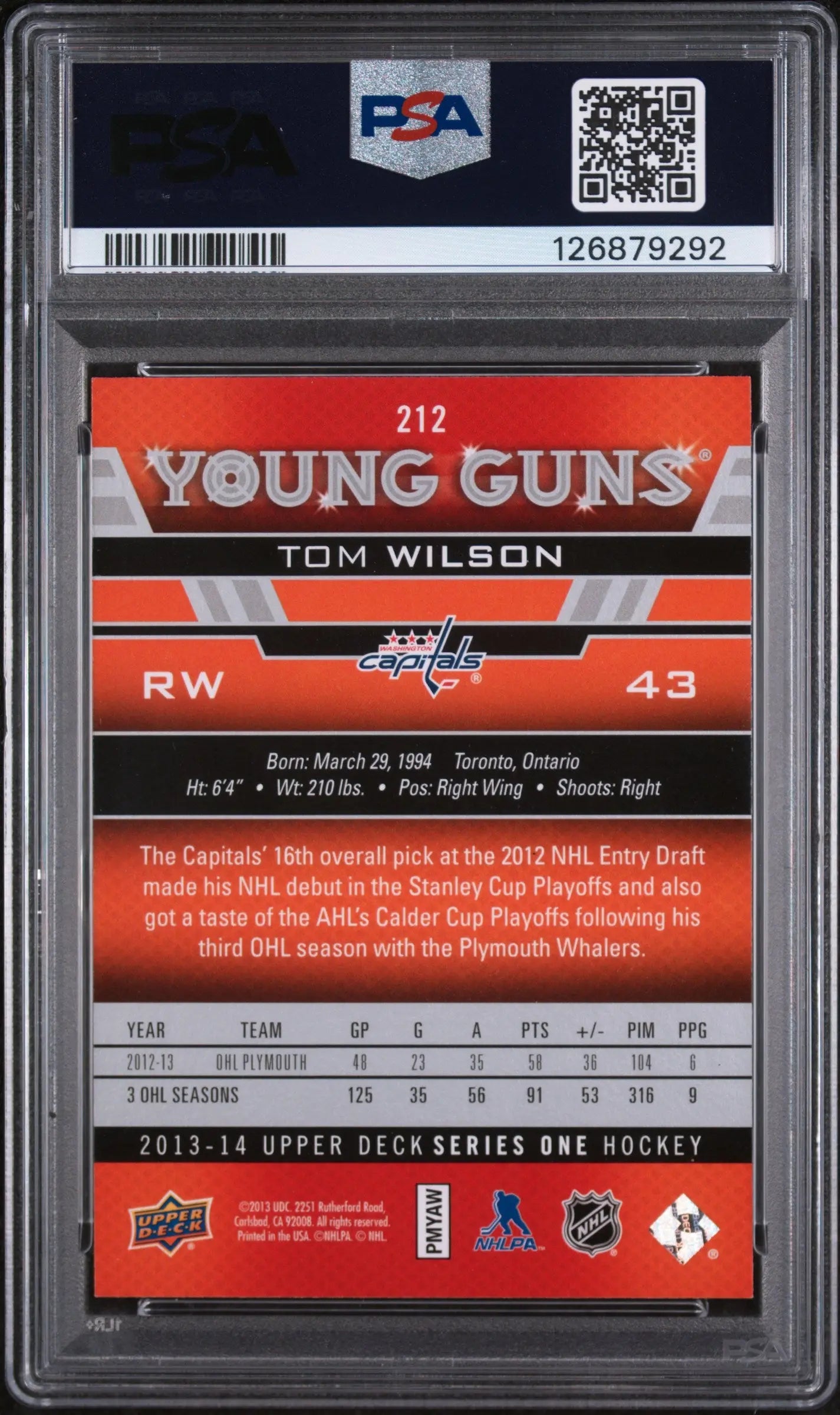 Tom Wilson PSA 9 Young Guns RC Rookie LOW POP 2013-14 13-14 UD Upper Deck 