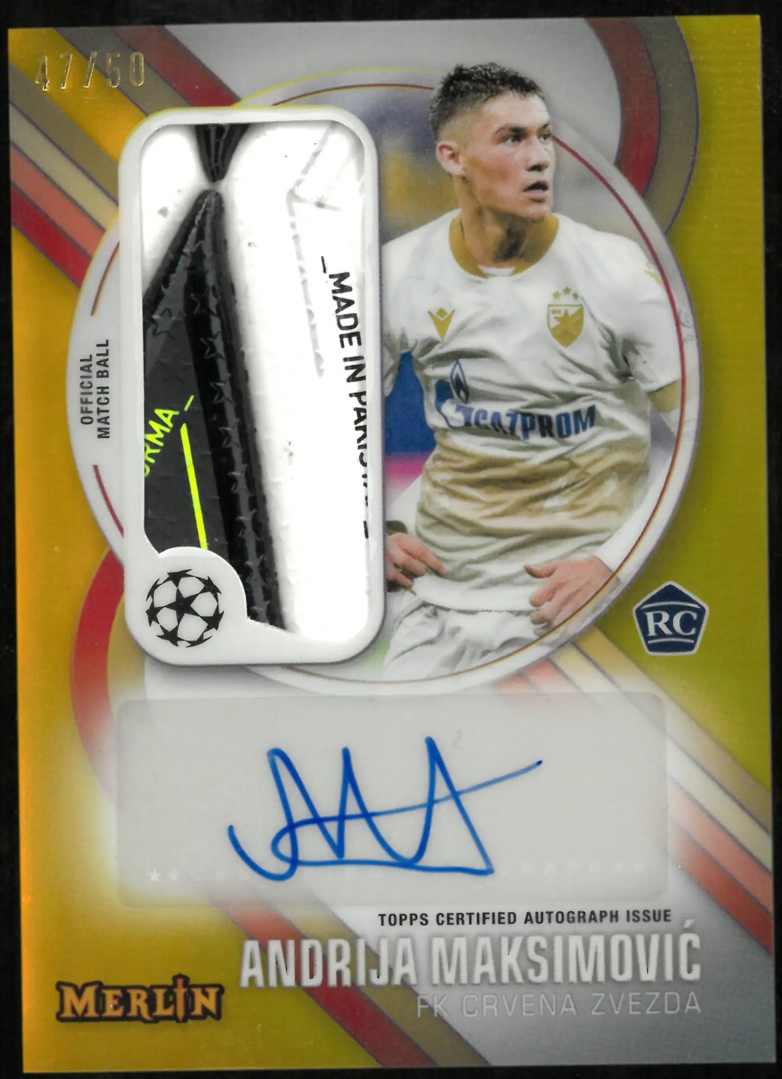 Topps 2024-25 Merlin UEFA Club Competitions Andrija Maksimovic Match Ball Signature RC Rookie /50 