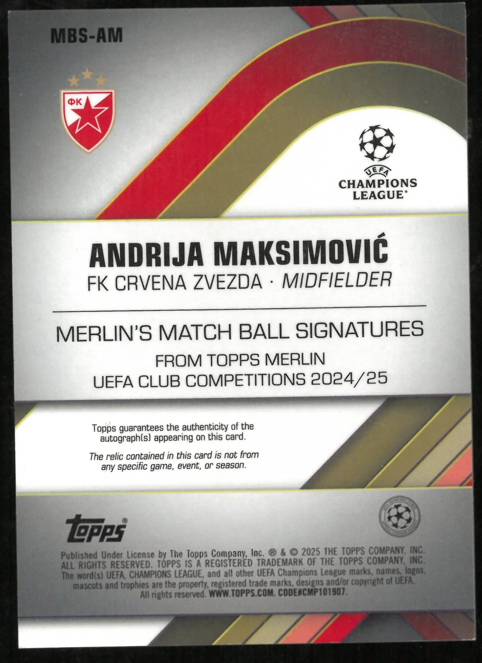 Topps 2024-25 Merlin UEFA Club Competitions Andrija Maksimovic Match Ball Signature RC Rookie /50 