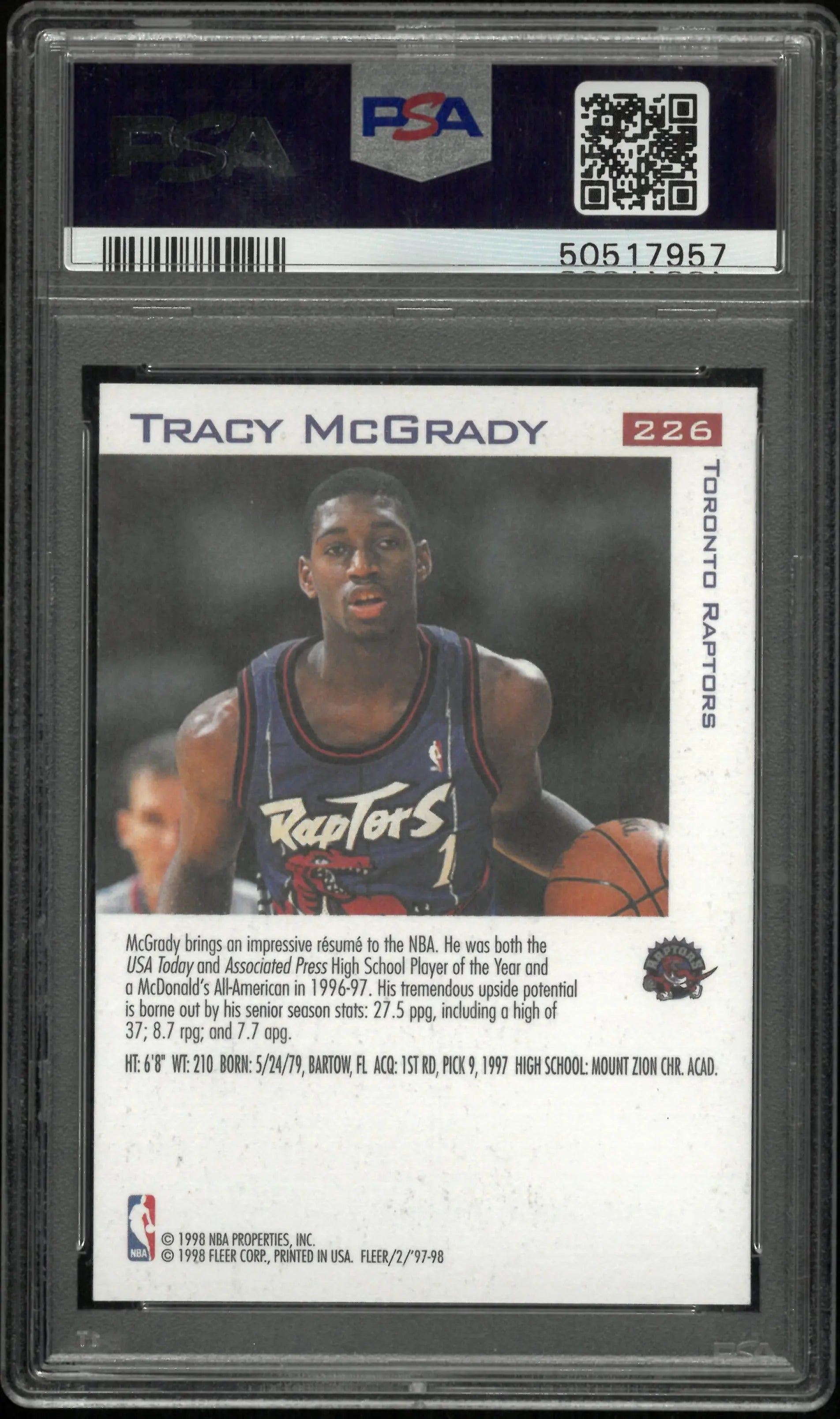Tracy McGrady RC Rookie PSA 10 FLEER 1997-98 97-98 226 RAPTORS 