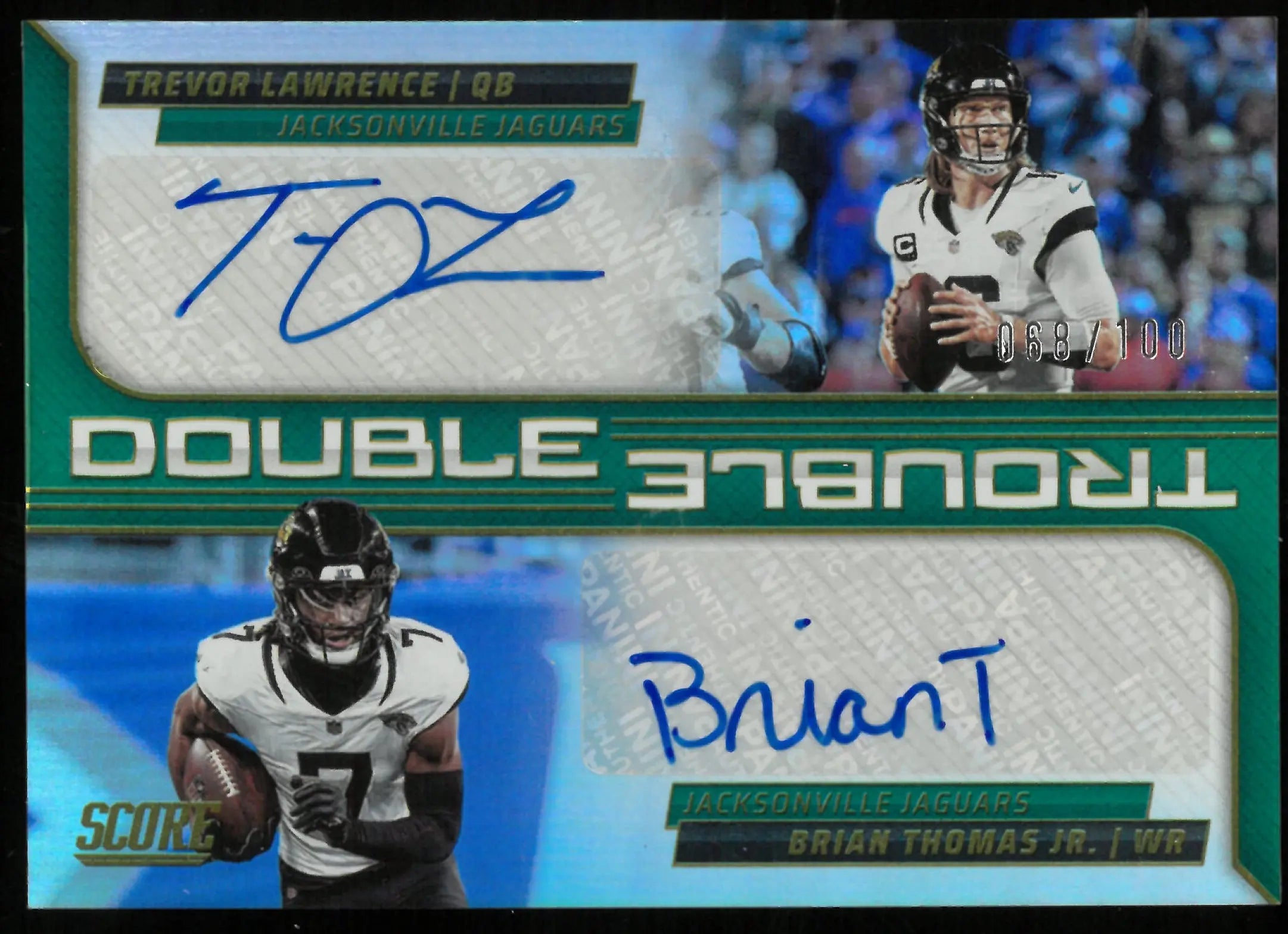Trevor Lawrence Brian Thomas Auto Double Trouble /100 2025 Score Jaguars 