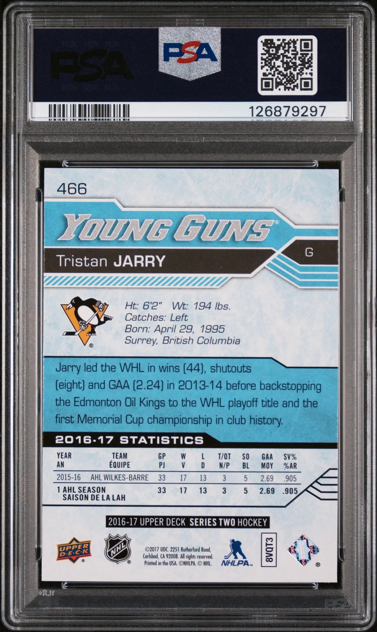 Tristan Jarry PSA 10 Young Guns RC Rookie UD 2016-17 16-17 Upper Deck 