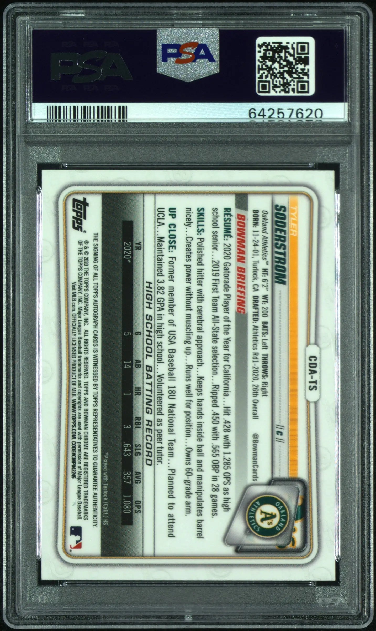 Tyler Soderstrom 1st Autograph PSA 10 RC 2020 Bowman Draft Chrome Draft Picks 