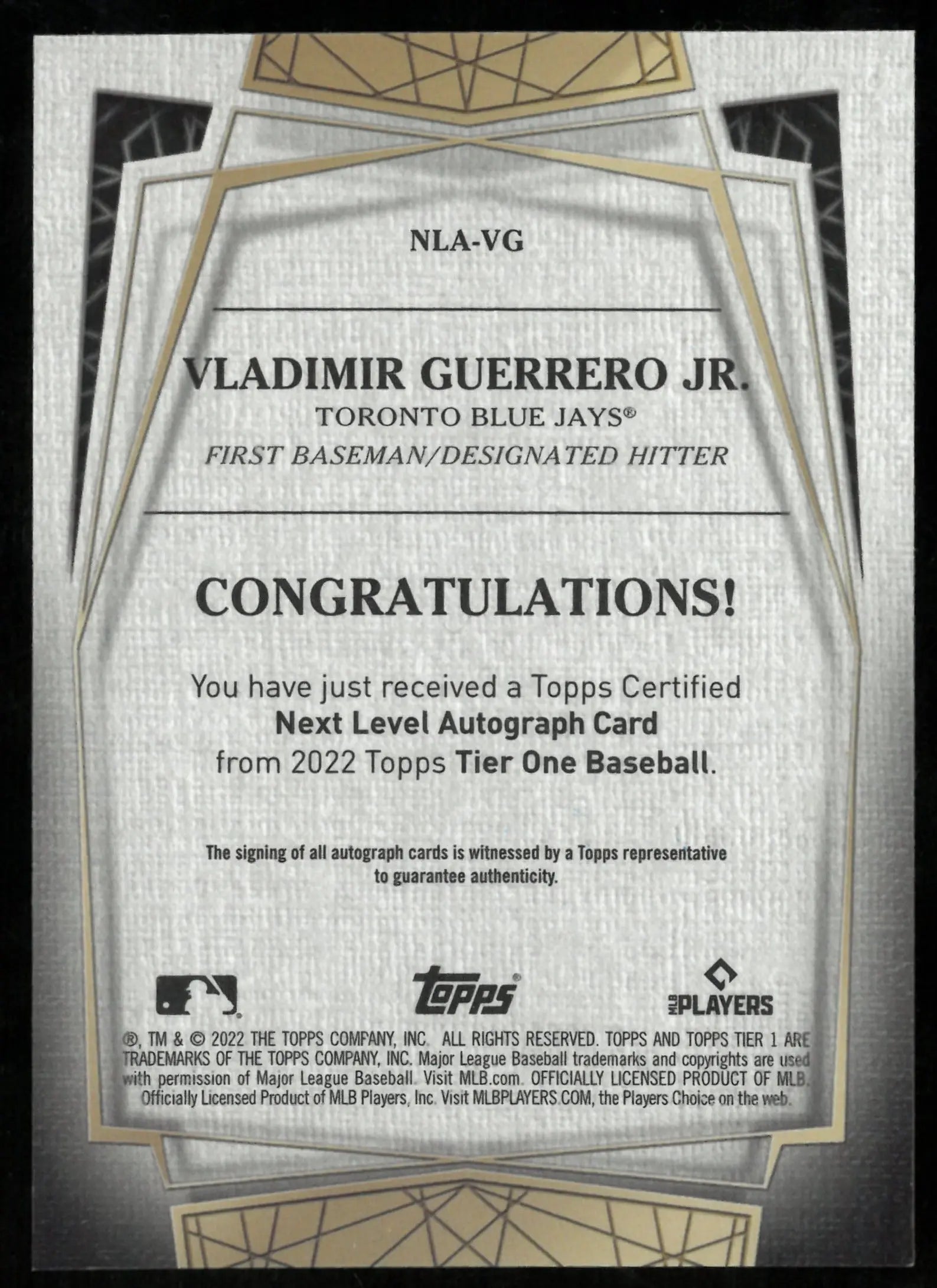 Vladimir Guerrero Jr Auto /50 On Card TIER ONE TOPPS 2022 